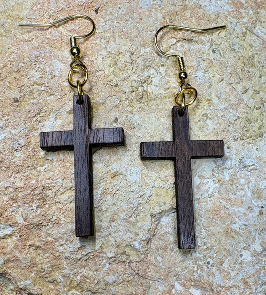 Black Walnut Wood Cross Earrings | Christian Faith Dangle Earrings Consecrated Jewelry Co.