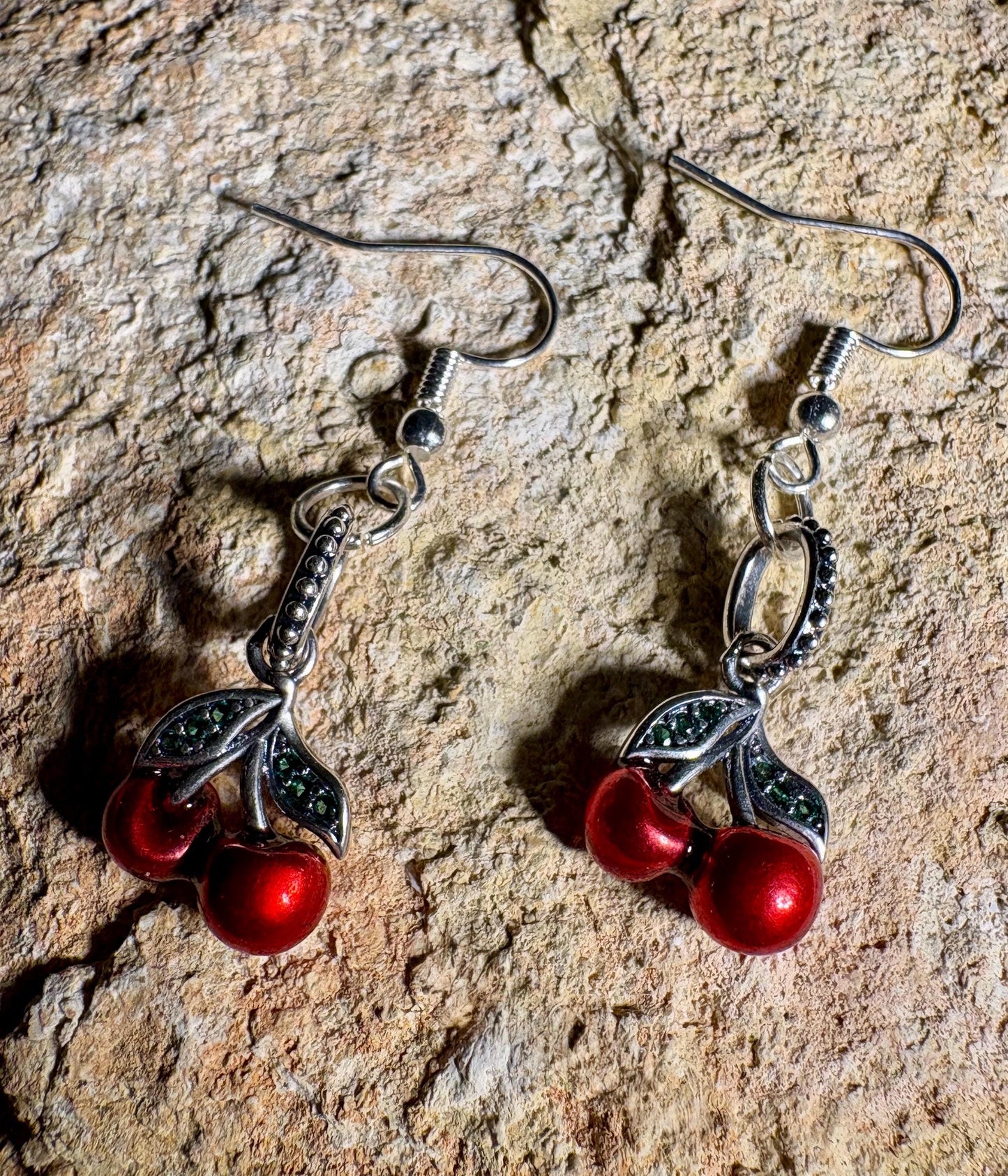 Cherry Dangle Earrings | Silver & Green Leaf Valentine's Red Earrings Consecrated Jewelry Co.