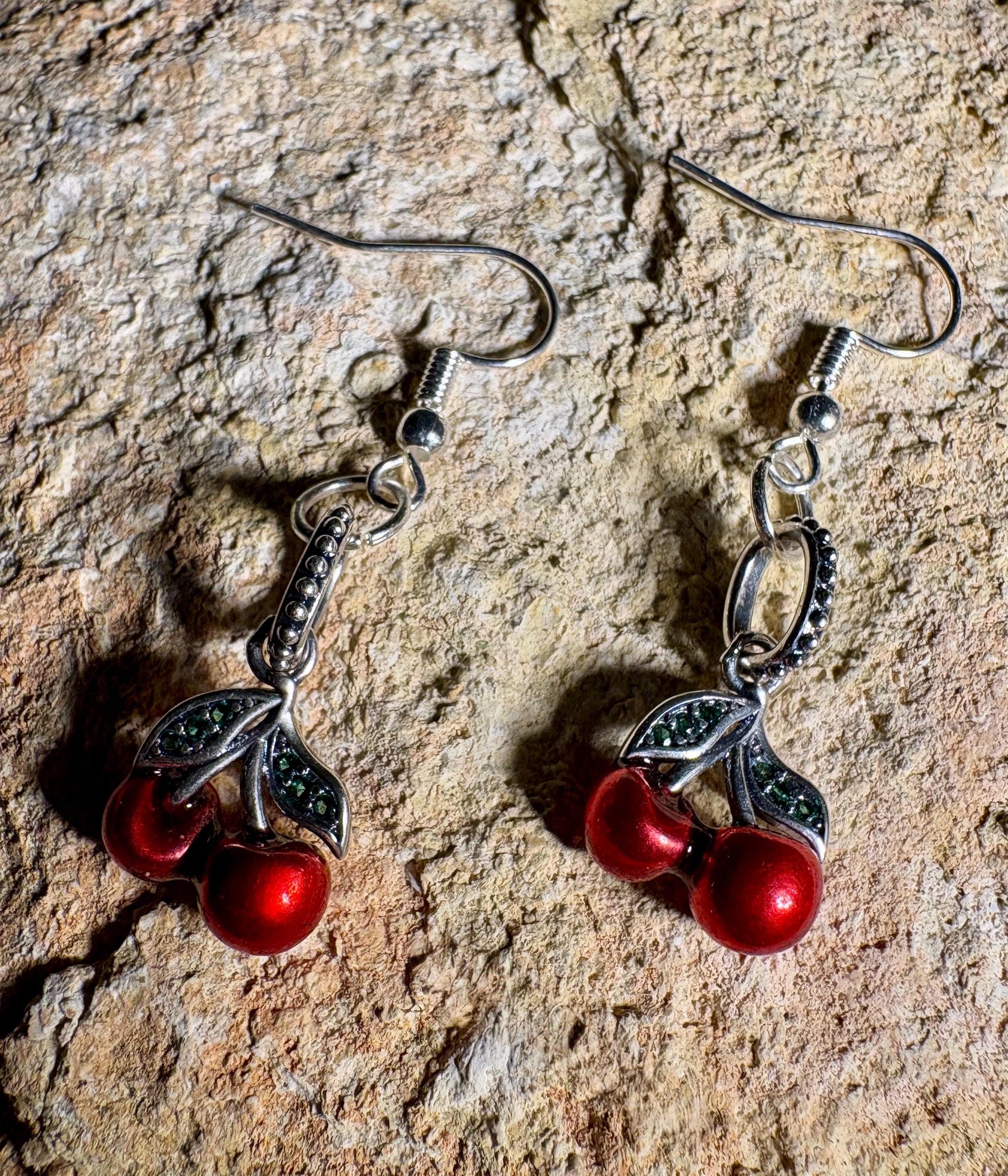 Cherry Dangle Earrings | Silver & Green Leaf Valentine's Red Earrings Consecrated Jewelry Co.