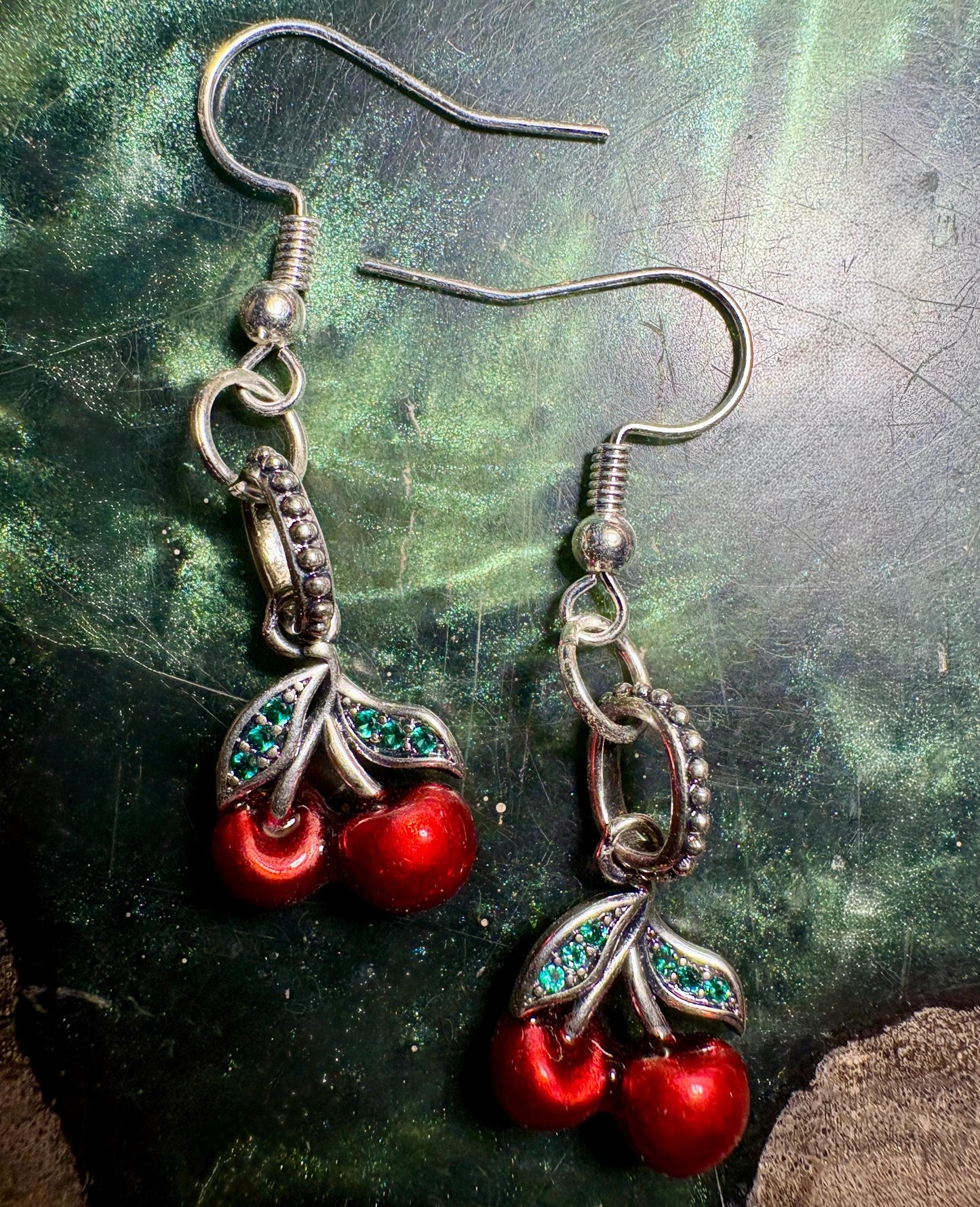 Cherry Dangle Earrings | Silver & Green Leaf Valentine's Red Earrings Consecrated Jewelry Co.