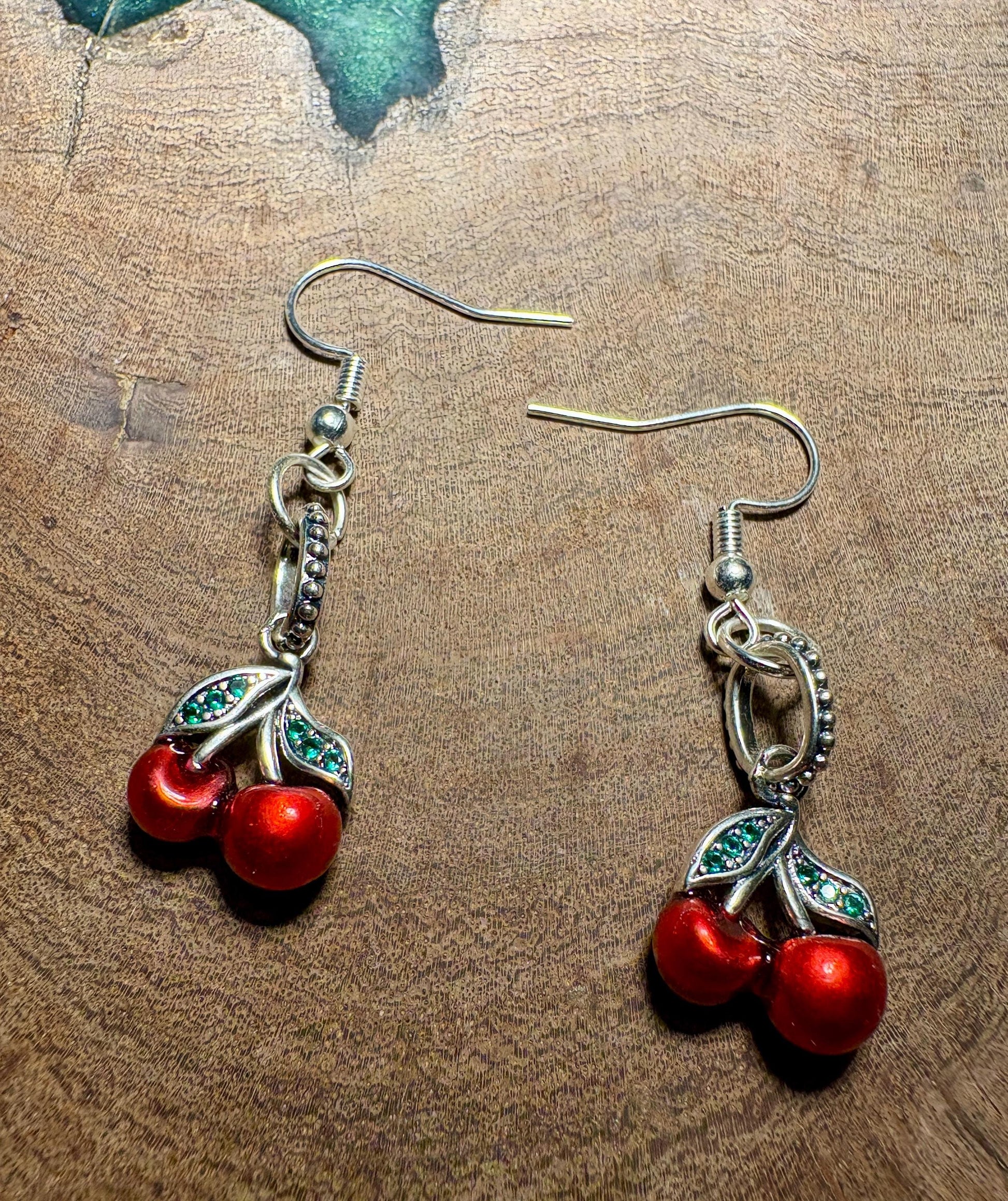 Cherry Dangle Earrings | Silver & Green Leaf Valentine's Red Earrings Consecrated Jewelry Co.