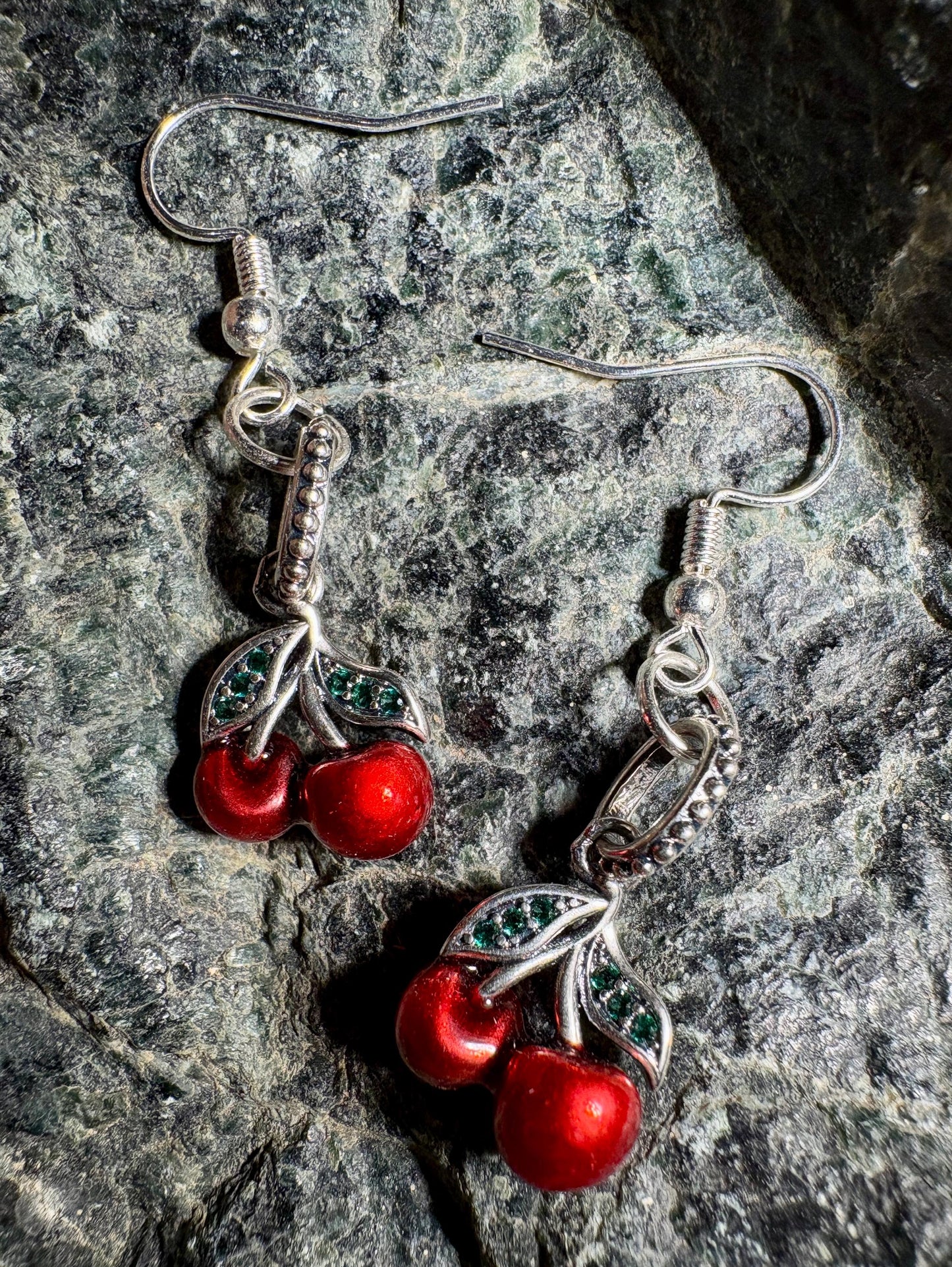 Cherry Dangle Earrings | Silver & Green Leaf Valentine's Red Earrings Consecrated Jewelry Co.