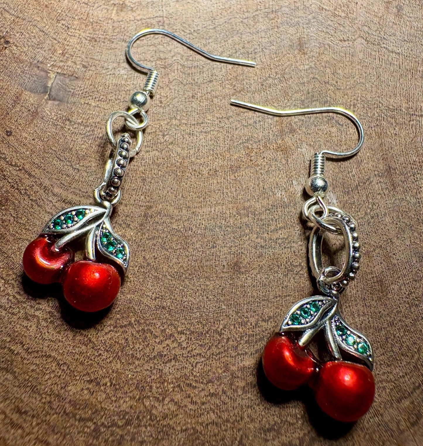 Cherry Dangle Earrings | Silver & Green Leaf Valentine's Red Earrings Consecrated Jewelry Co.