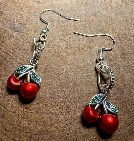 Cherry Dangle Earrings | Silver & Green Leaf Valentine's Red Earrings Consecrated Jewelry Co.