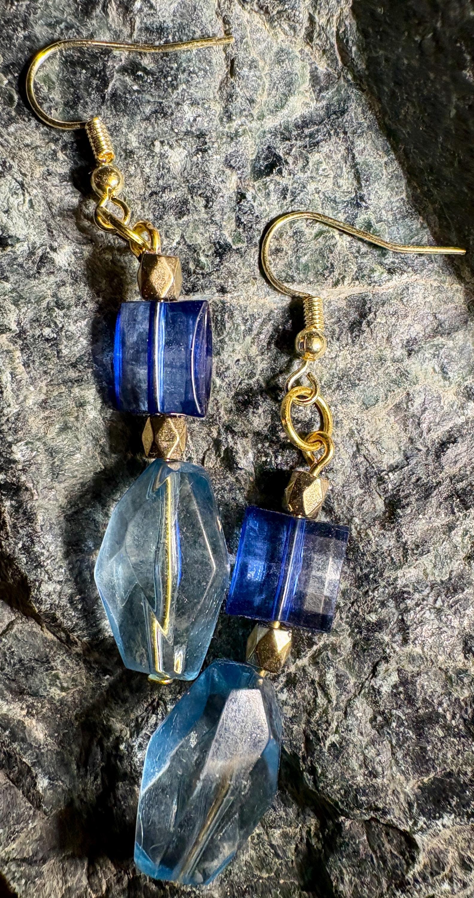 Handmade Blue Glass Dangle Earrings | Gold Tone Lightweight Earrings Consecrated Jewelry Co.