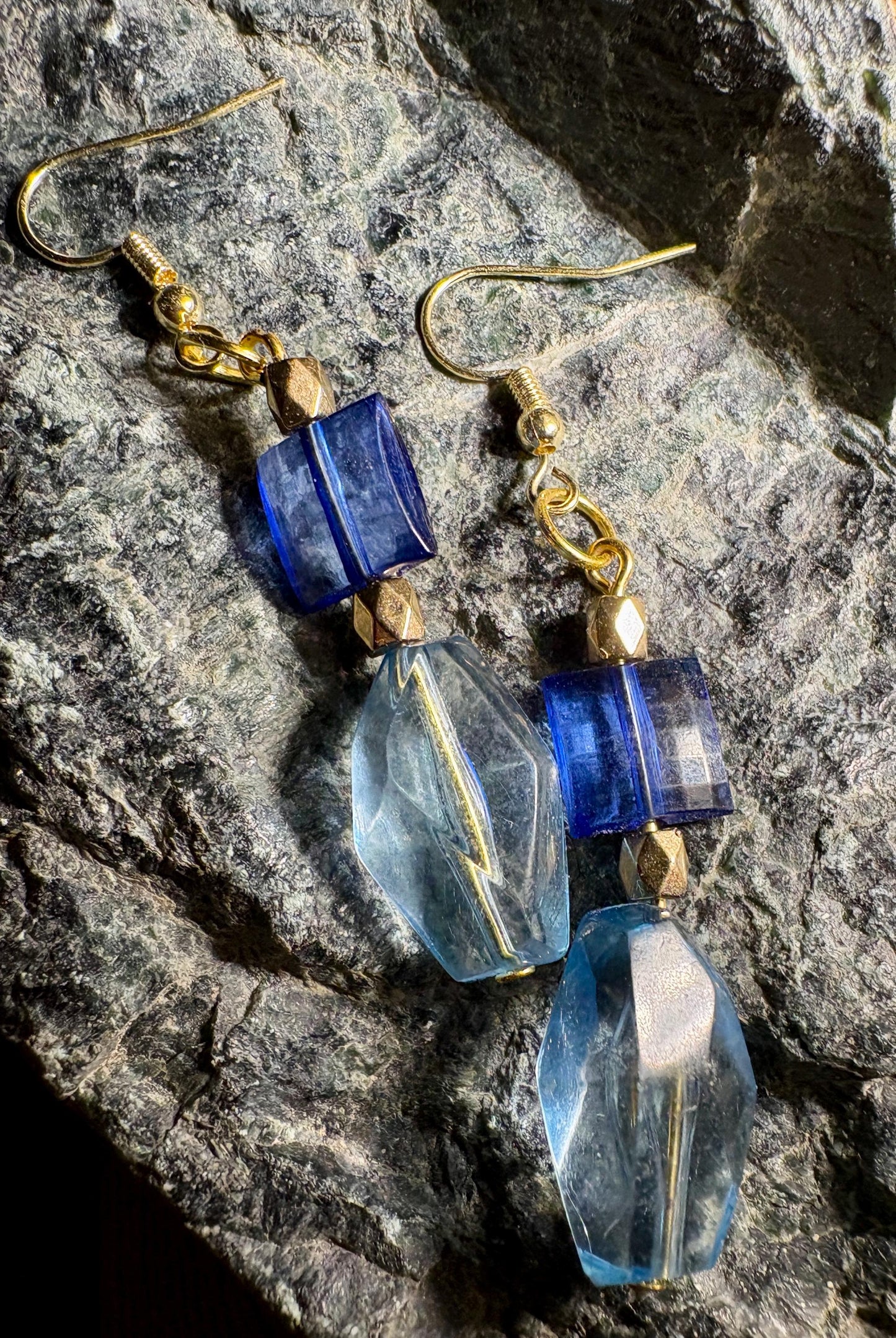Handmade Blue Glass Dangle Earrings | Gold Tone Lightweight Earrings Consecrated Jewelry Co.