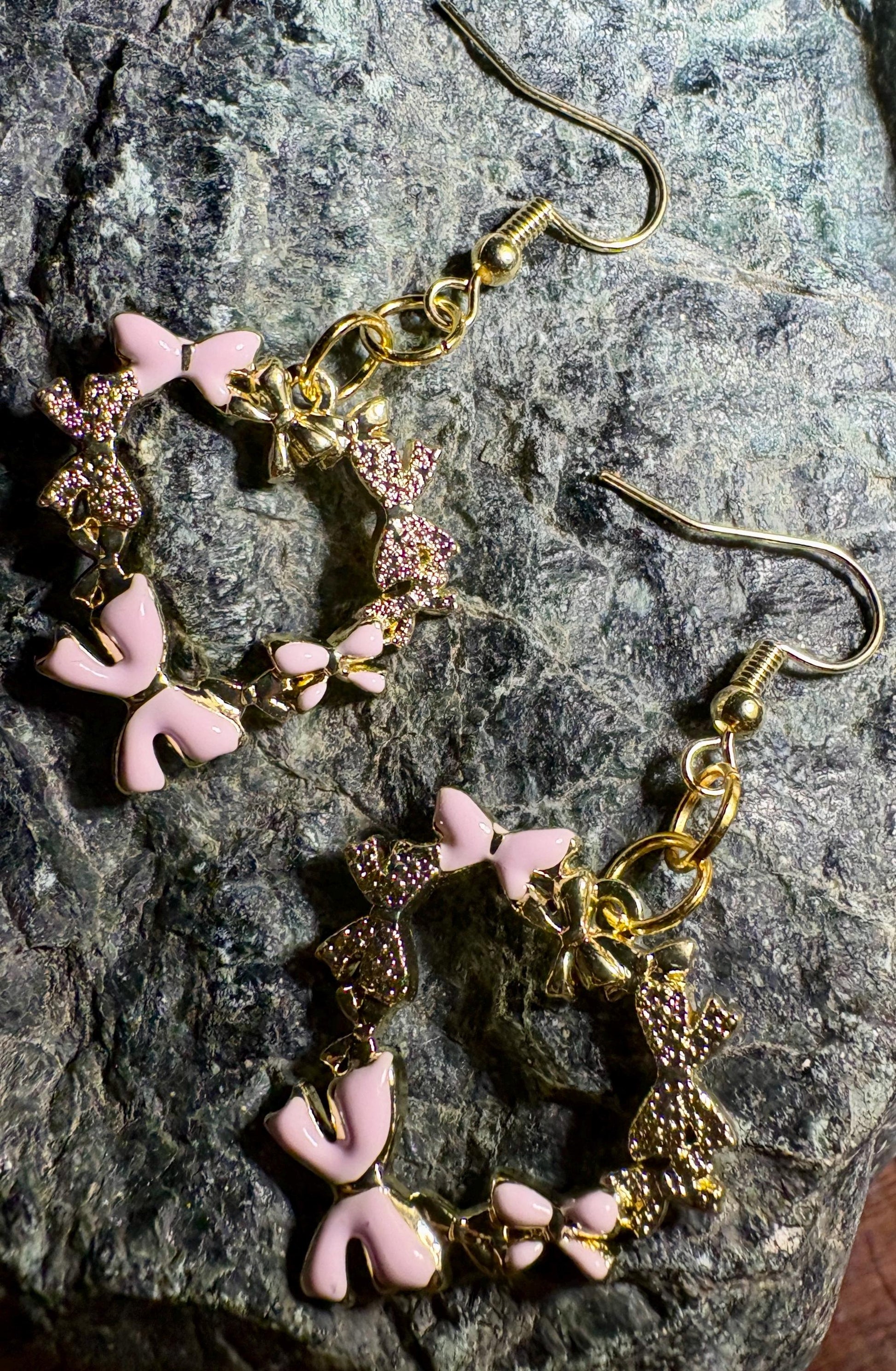 Gold Heart Pink Bow Dangle Earrings | Pink Enamel Valentine Earrings Consecrated Jewelry Co.