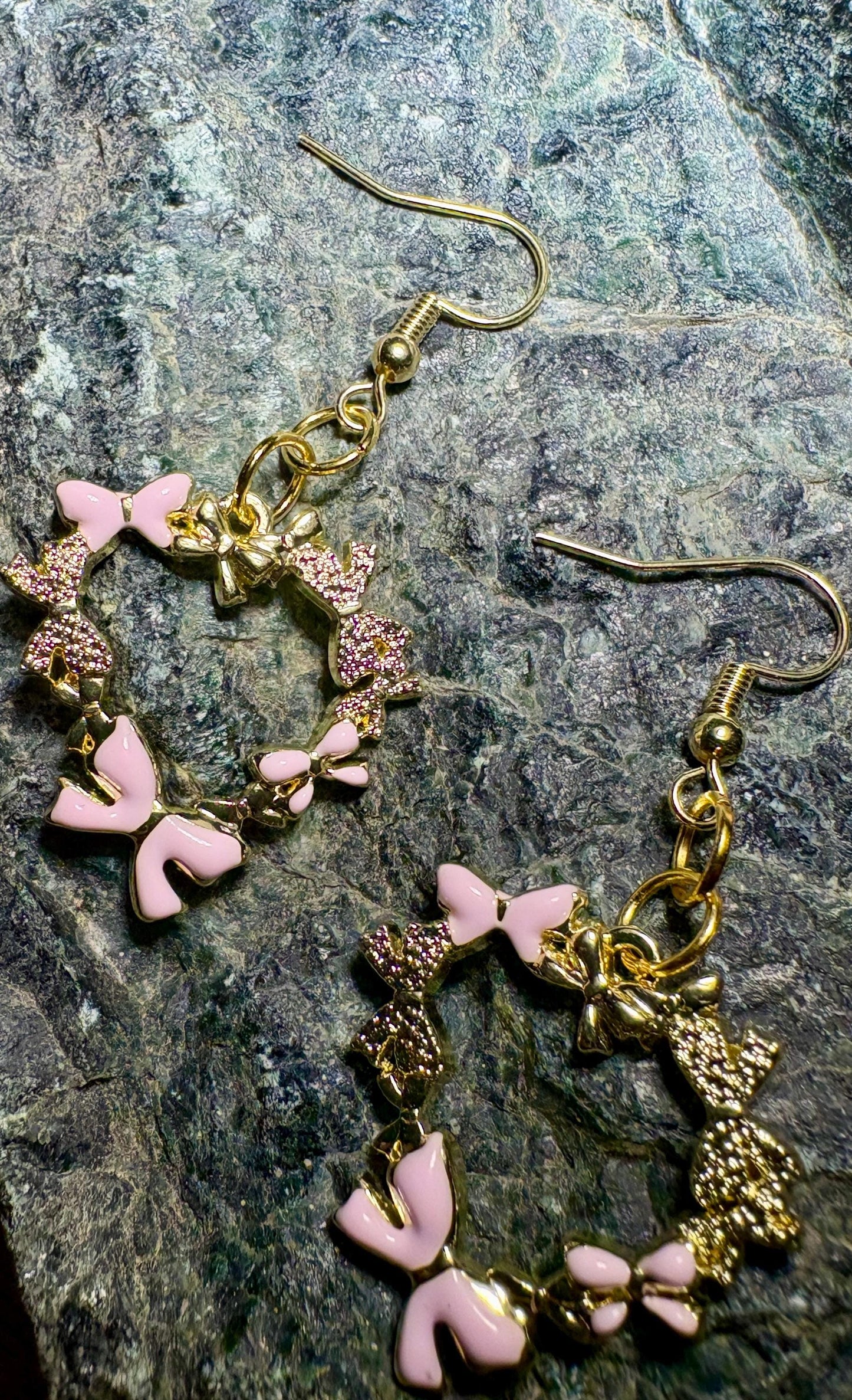 Gold Heart Pink Bow Dangle Earrings | Pink Enamel Valentine Earrings Consecrated Jewelry Co.