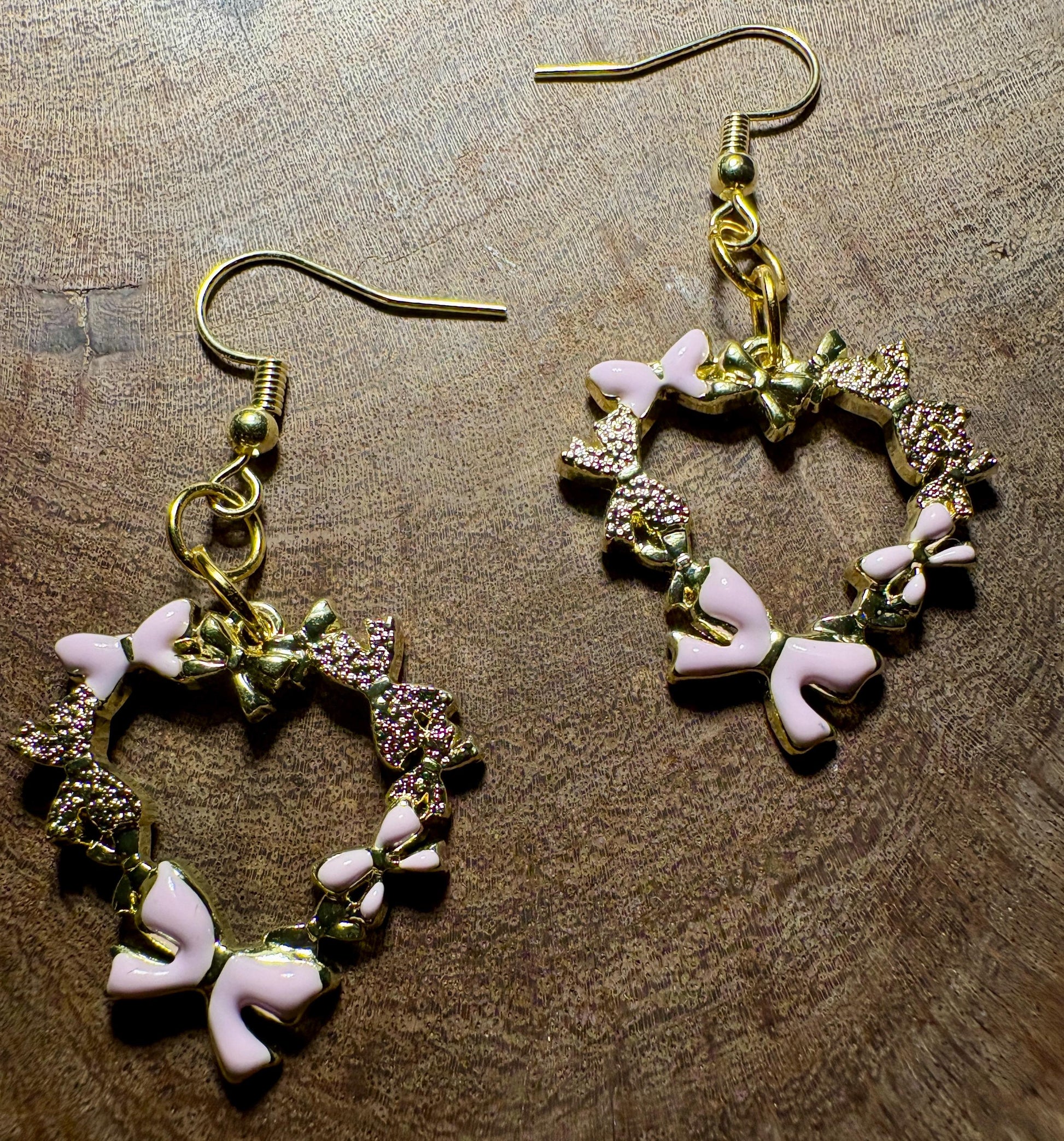 Gold Heart Pink Bow Dangle Earrings | Pink Enamel Valentine Earrings Consecrated Jewelry Co.