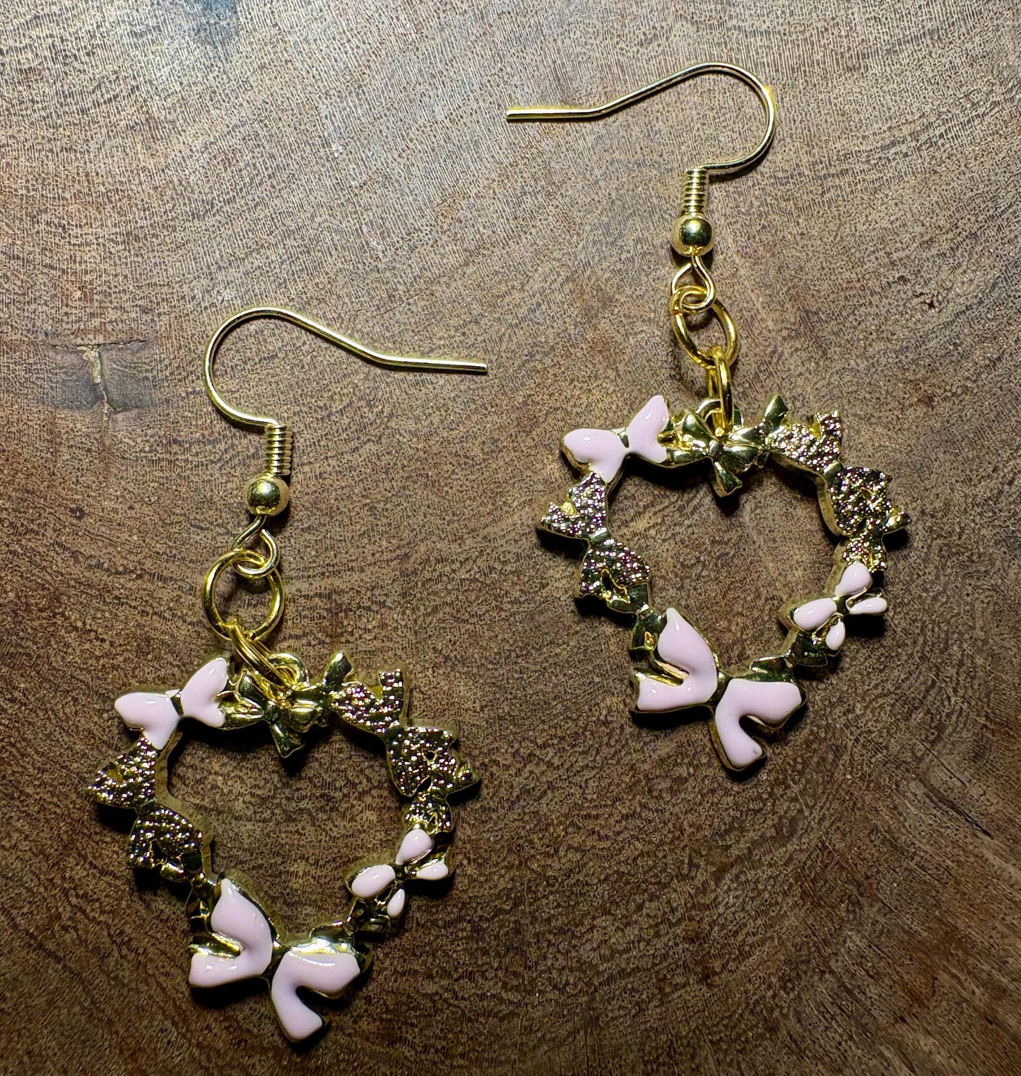 Gold Heart Pink Bow Dangle Earrings | Pink Enamel Valentine Earrings Consecrated Jewelry Co.