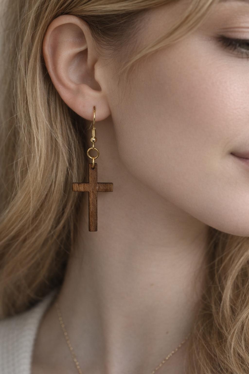 Black Walnut Wood Cross Earrings | Christian Faith Dangle Earrings Consecrated Jewelry Co.