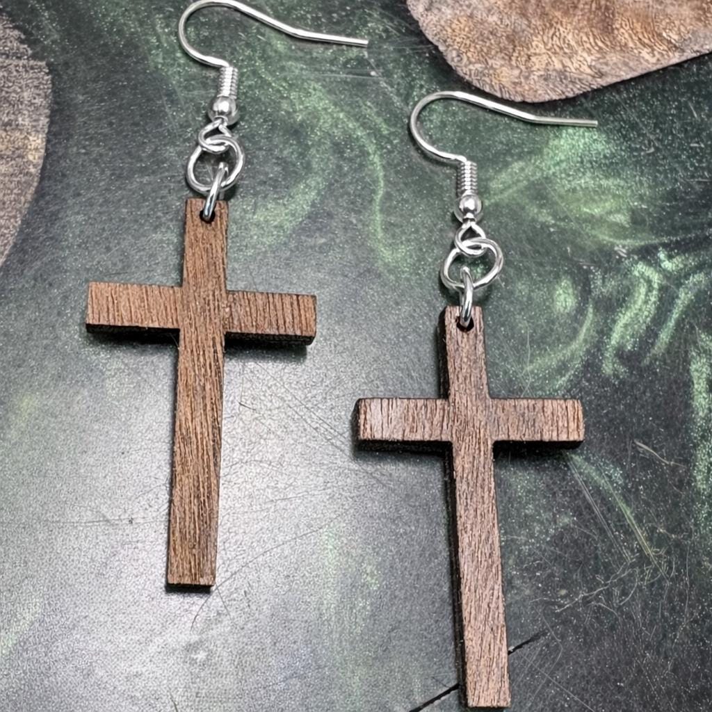 Black Walnut Wood Cross Earrings | Christian Faith Dangle Earrings Consecrated Jewelry Co.
