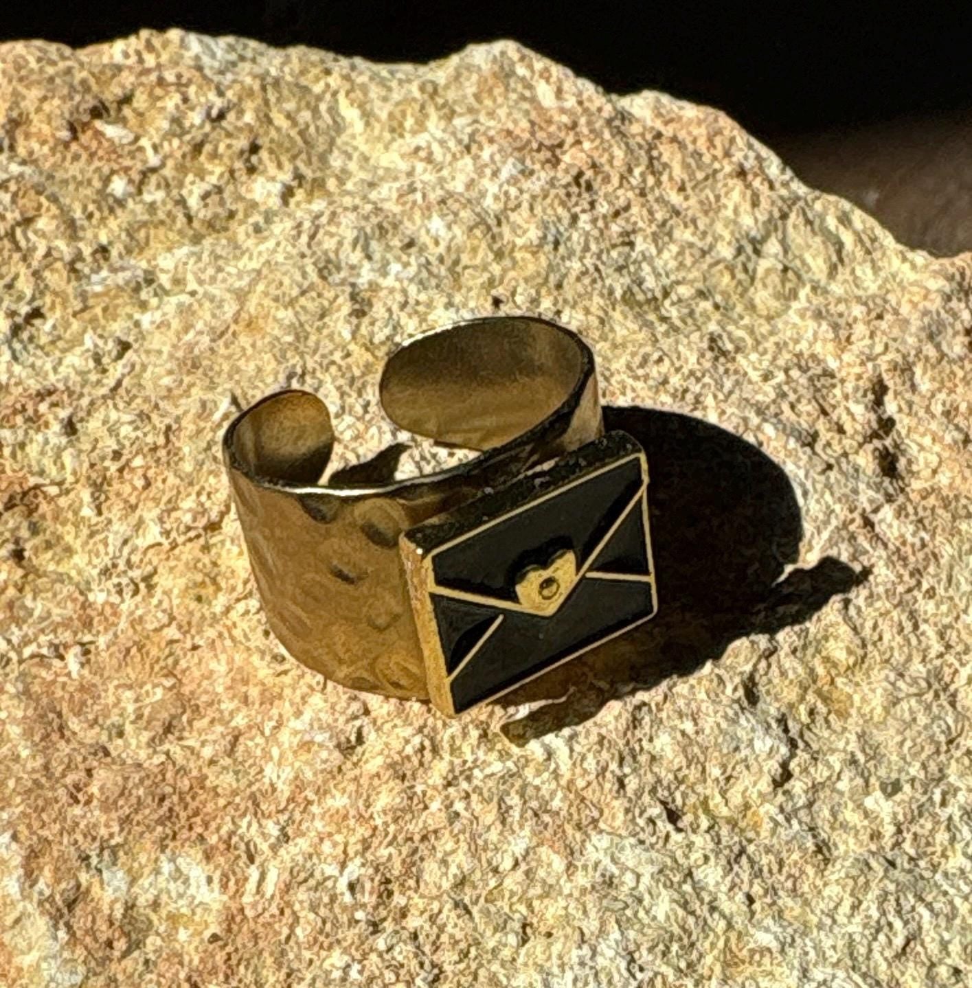 Black & Gold Envelope Ring | Hammered Band Love Letter Rings Consecrated Jewelry Co.