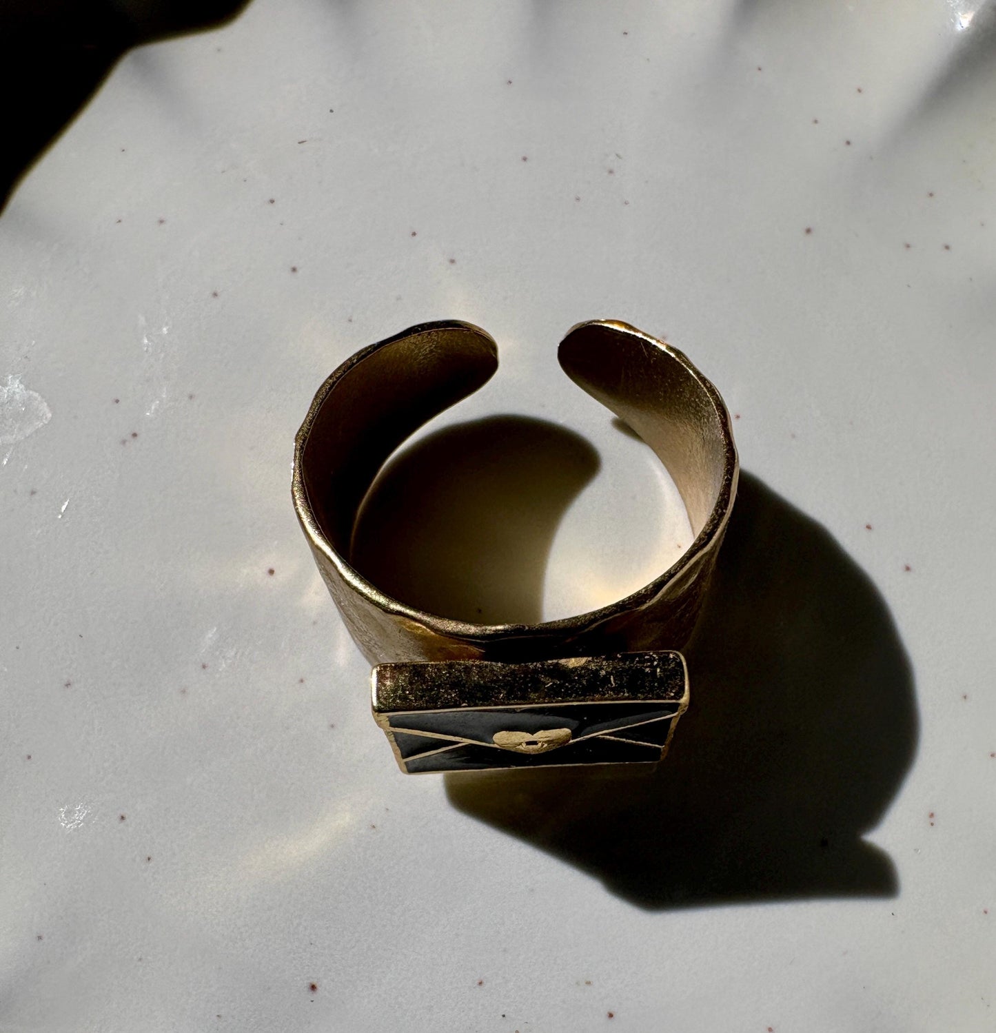Black & Gold Envelope Ring | Hammered Band Love Letter Rings Consecrated Jewelry Co.