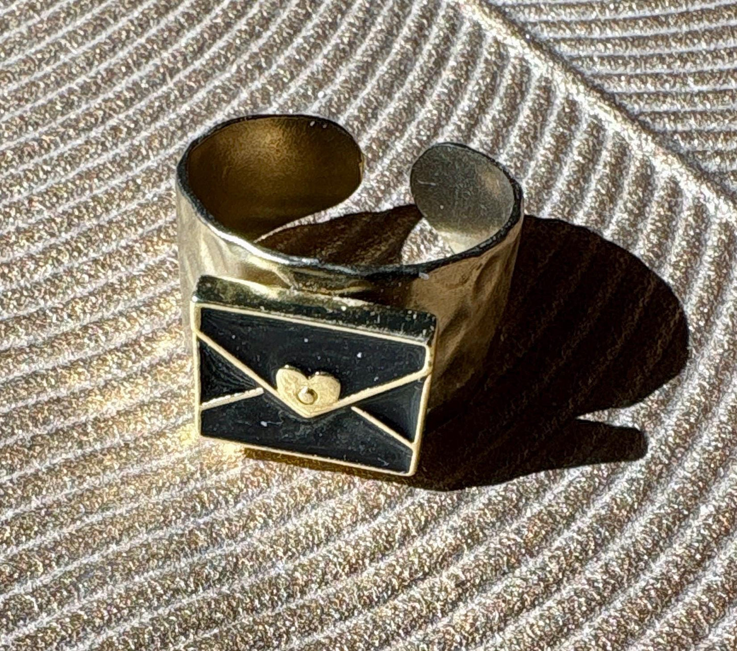 Black & Gold Envelope Ring | Hammered Band Love Letter Rings Consecrated Jewelry Co.