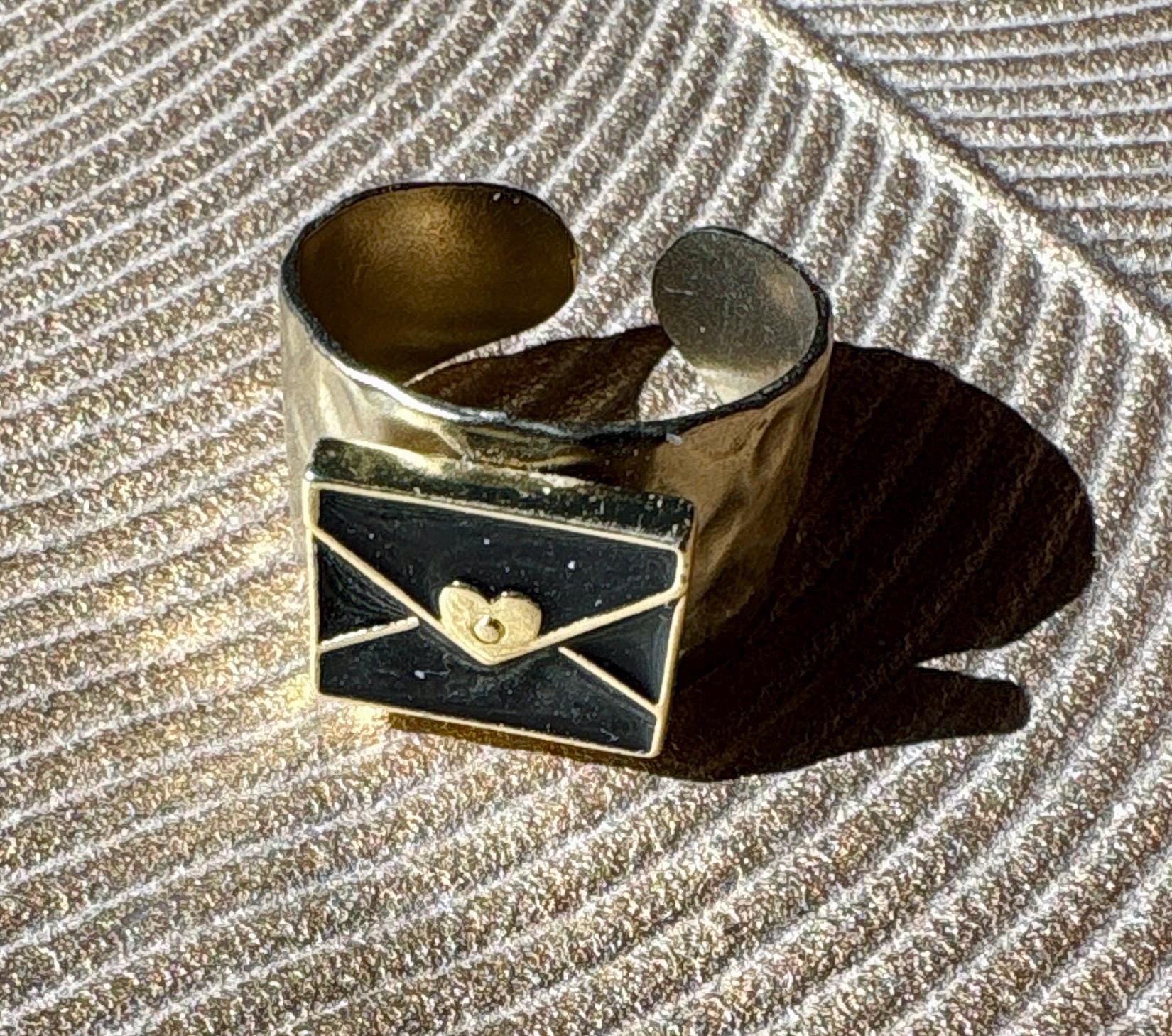Black & Gold Envelope Ring | Hammered Band Love Letter Rings Consecrated Jewelry Co.