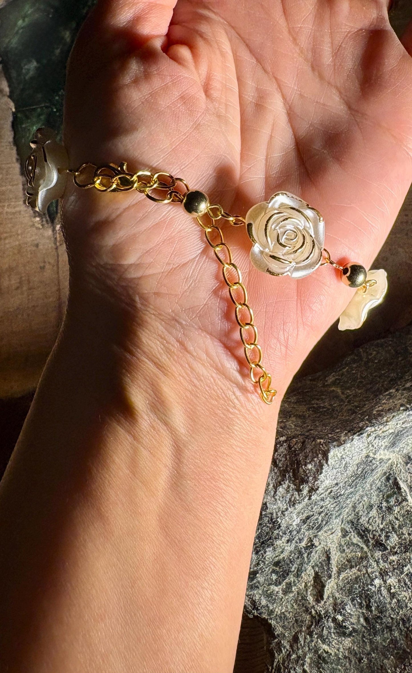 White Rose Bracelet | Gold Chain Floral Adjustable Earrings Consecrated Jewelry Co.