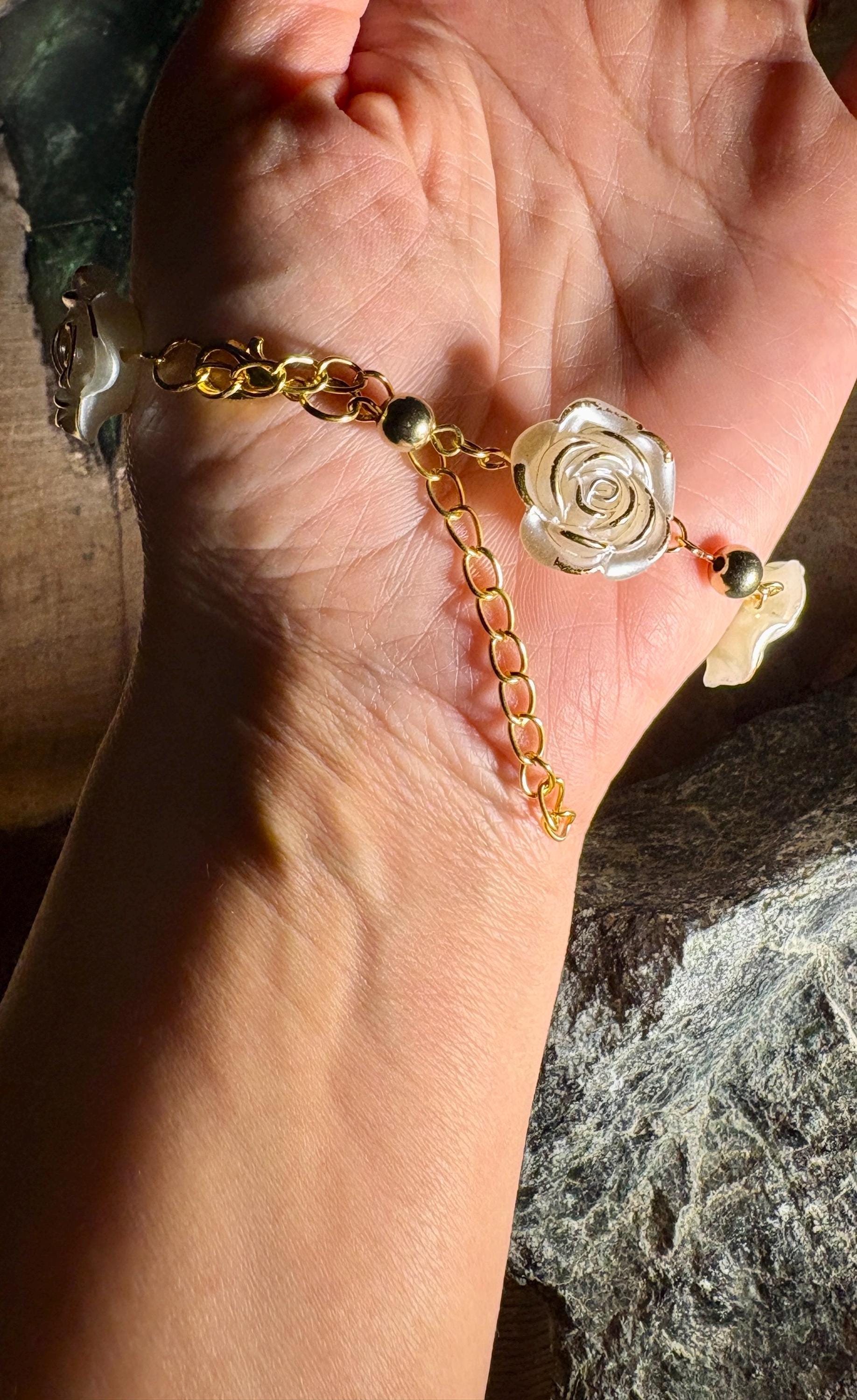 White Rose Bracelet | Gold Chain Floral Adjustable Earrings Consecrated Jewelry Co.