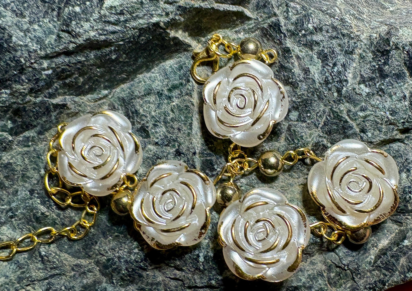 White Rose Bracelet | Gold Chain Floral Adjustable Earrings Consecrated Jewelry Co.