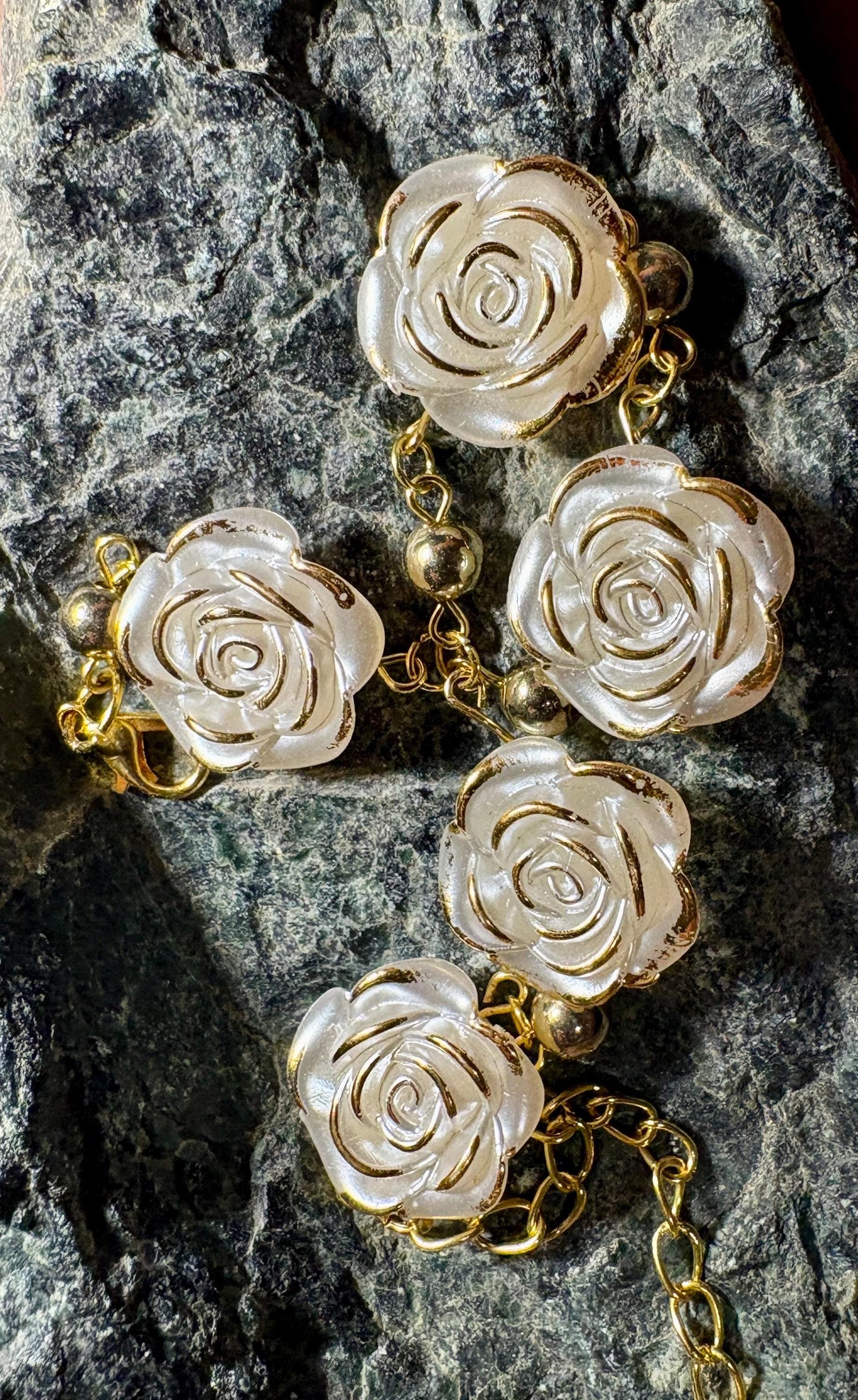 White Rose Bracelet | Gold Chain Floral Adjustable Earrings Consecrated Jewelry Co.
