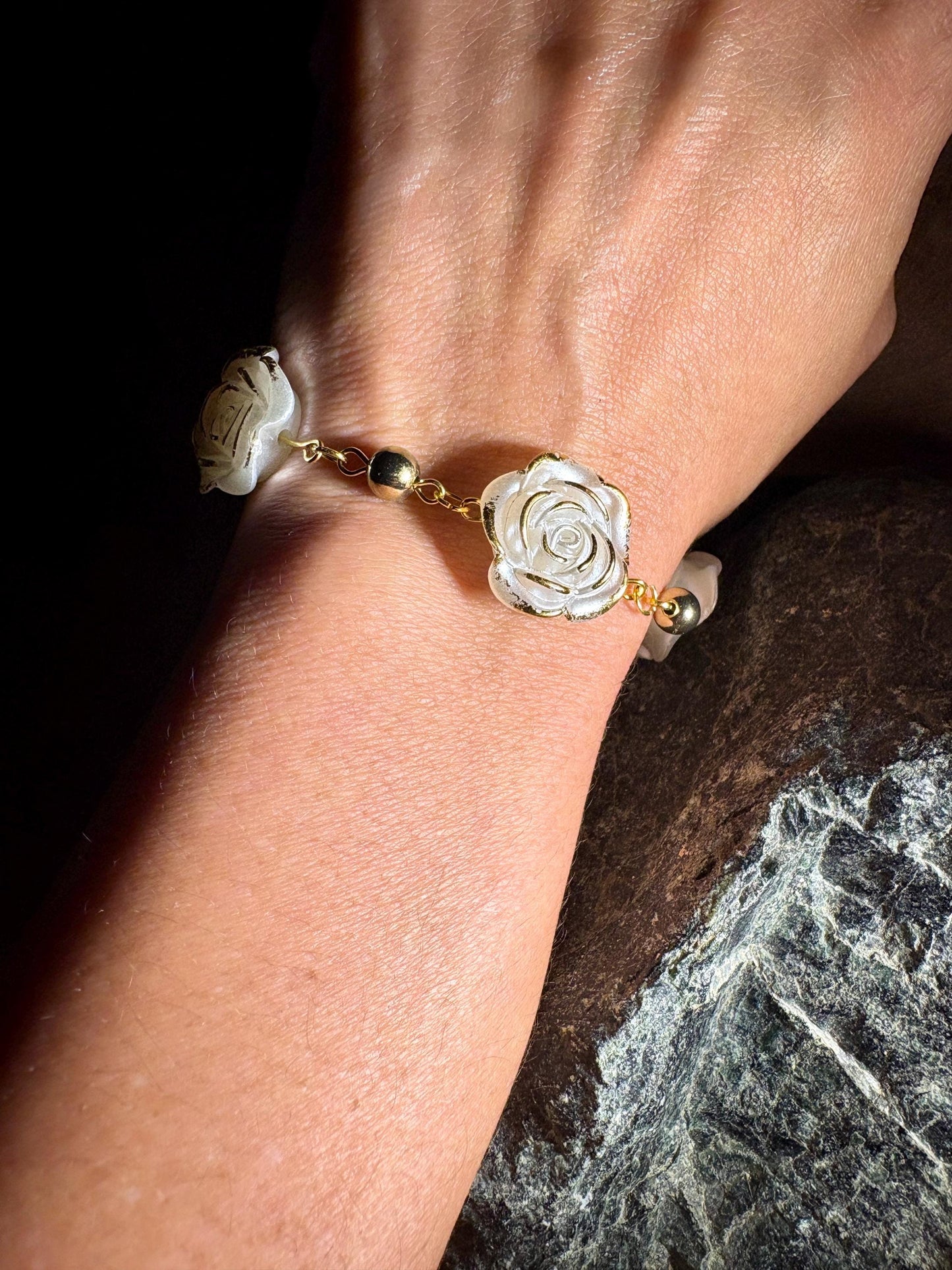 White Rose Bracelet | Gold Chain Floral Adjustable Earrings Consecrated Jewelry Co.