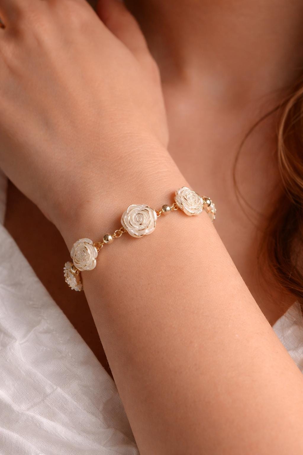 White Rose Bracelet | Gold Chain Floral Adjustable Earrings Consecrated Jewelry Co.