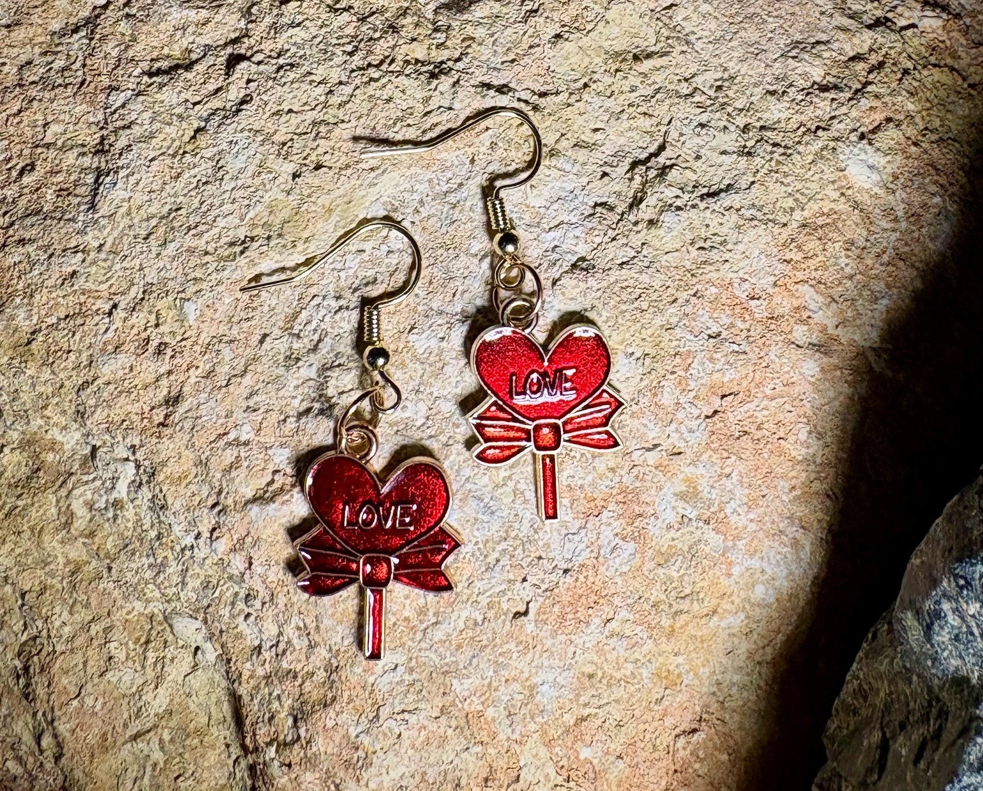 Gold & Red Dangle Heart Earrings | Love Bows Galentines Valentine Earrings Consecrated Jewelry Co.