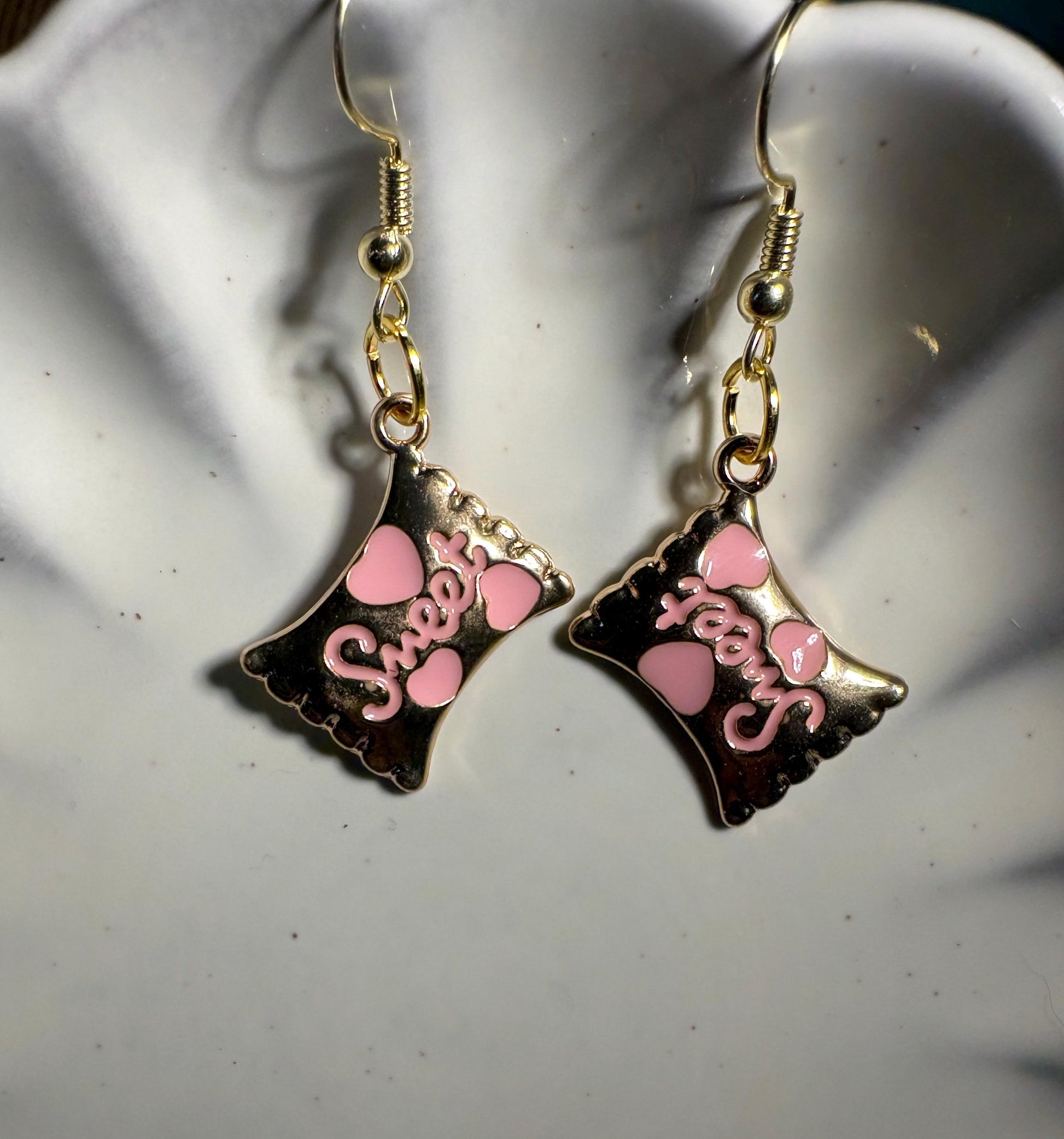 Sweetheart Candy Dangle Earrings | Pink Enamel Gold Valentine Earrings Consecrated Jewelry Co.
