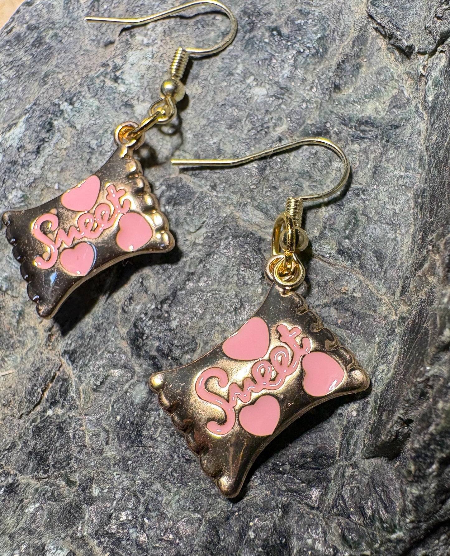 Sweetheart Candy Dangle Earrings | Pink Enamel Gold Valentine Earrings Consecrated Jewelry Co.