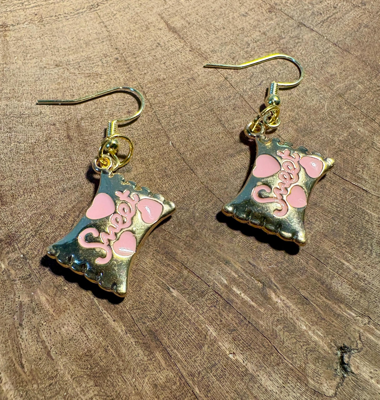 Sweetheart Candy Dangle Earrings | Pink Enamel Gold Valentine Earrings Consecrated Jewelry Co.