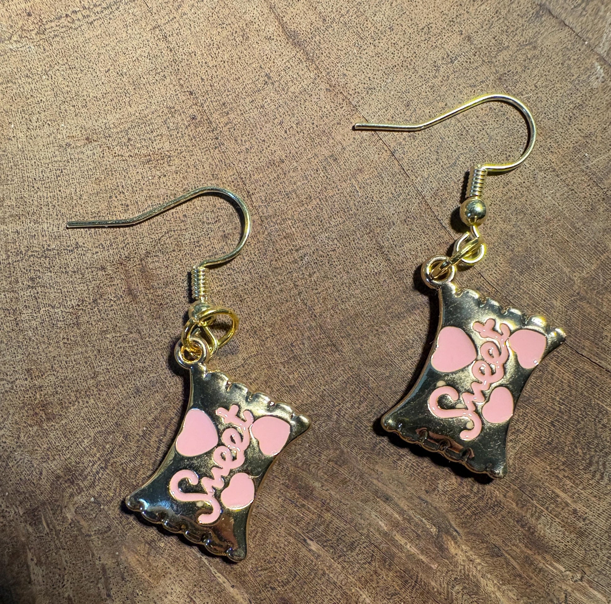 Sweetheart Candy Dangle Earrings | Pink Enamel Gold Valentine Earrings Consecrated Jewelry Co.