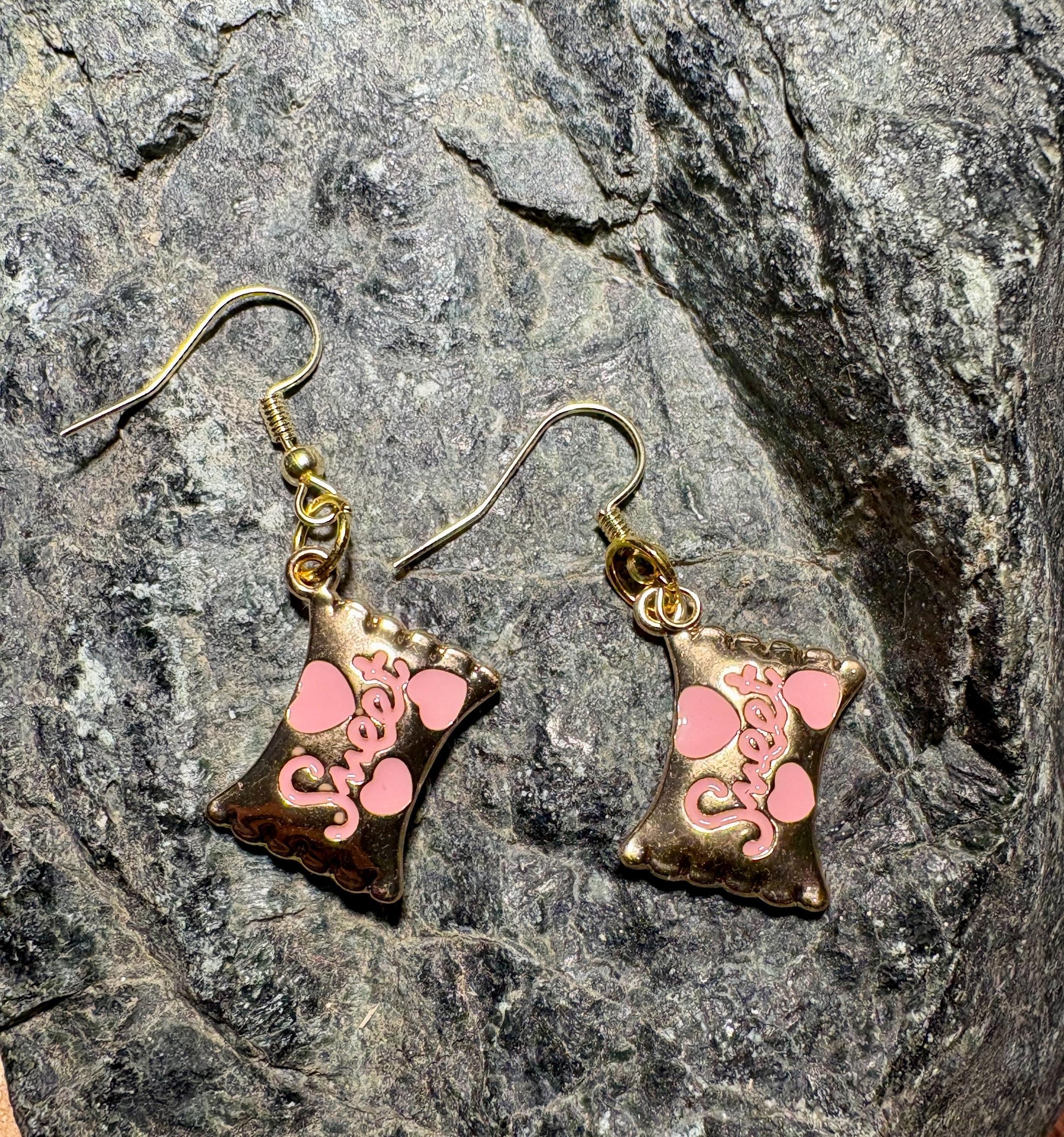 Sweetheart Candy Dangle Earrings | Pink Enamel Gold Valentine Earrings Consecrated Jewelry Co.