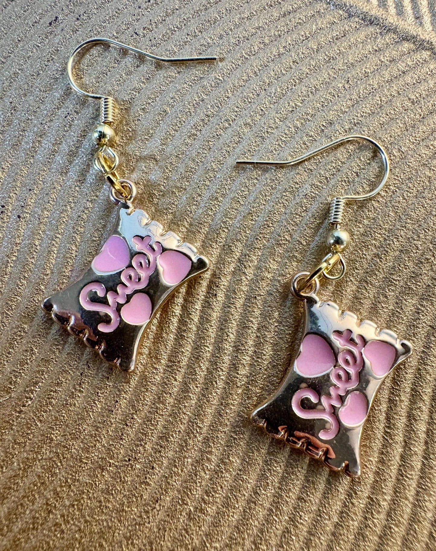 Sweetheart Candy Dangle Earrings | Pink Enamel Gold Valentine Earrings Consecrated Jewelry Co.