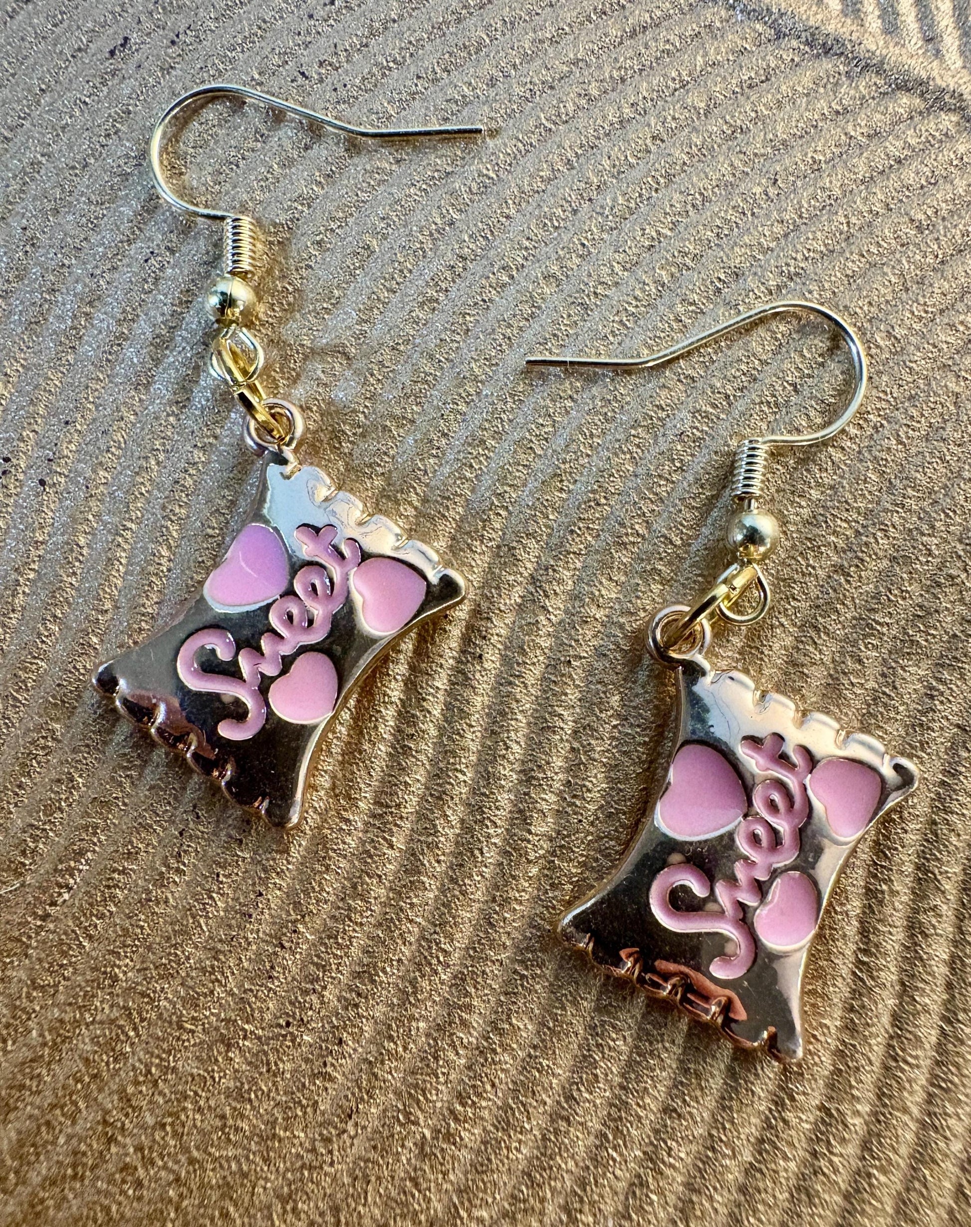 Sweetheart Candy Dangle Earrings | Pink Enamel Gold Valentine Earrings Consecrated Jewelry Co.