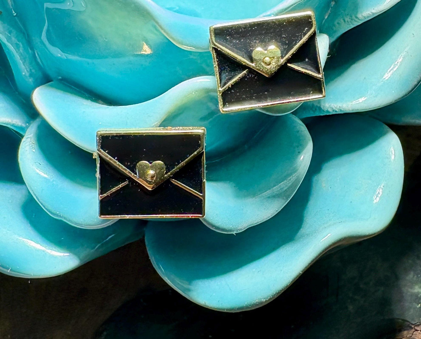 Black Envelope Stud Earrings | Gold Tone Heart Seal Earrings Consecrated Jewelry Co.