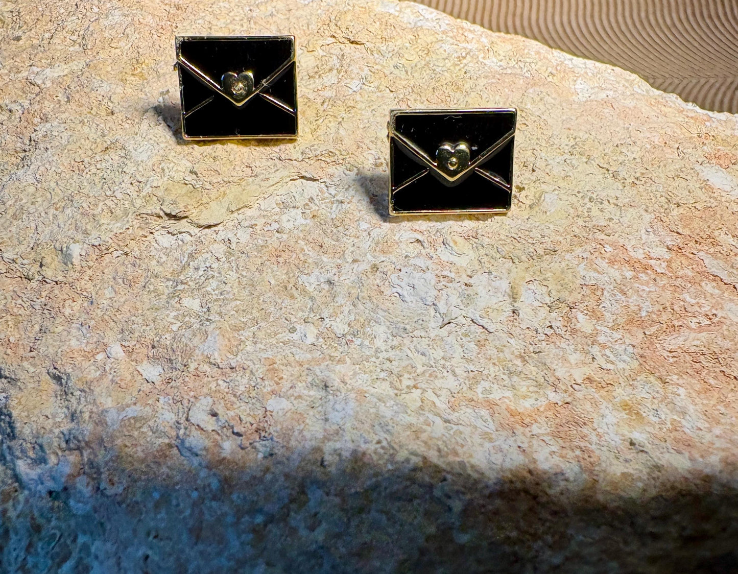 Black Envelope Stud Earrings | Gold Tone Heart Seal Earrings Consecrated Jewelry Co.