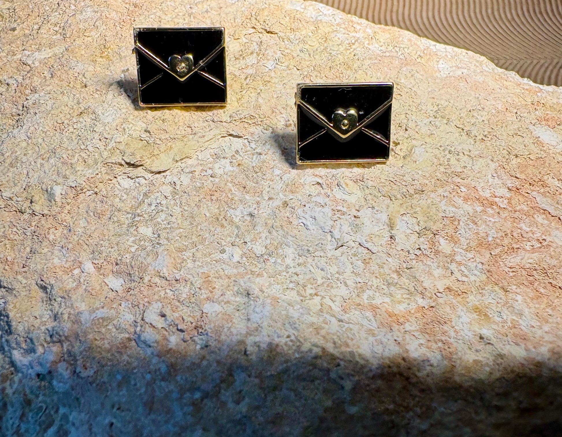 Black Envelope Stud Earrings | Gold Tone Heart Seal Earrings Consecrated Jewelry Co.