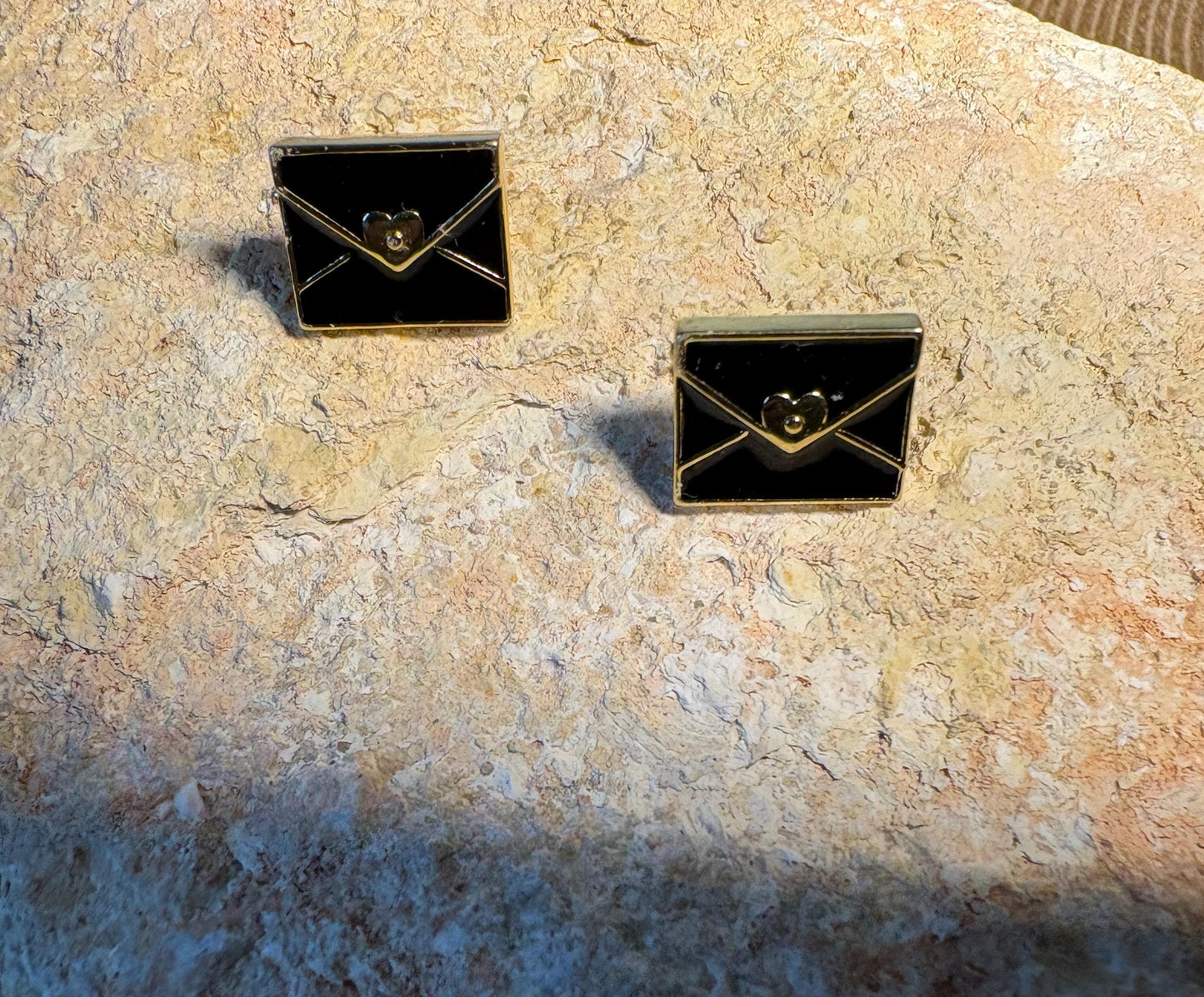 Black Envelope Stud Earrings | Gold Tone Heart Seal Earrings Consecrated Jewelry Co.
