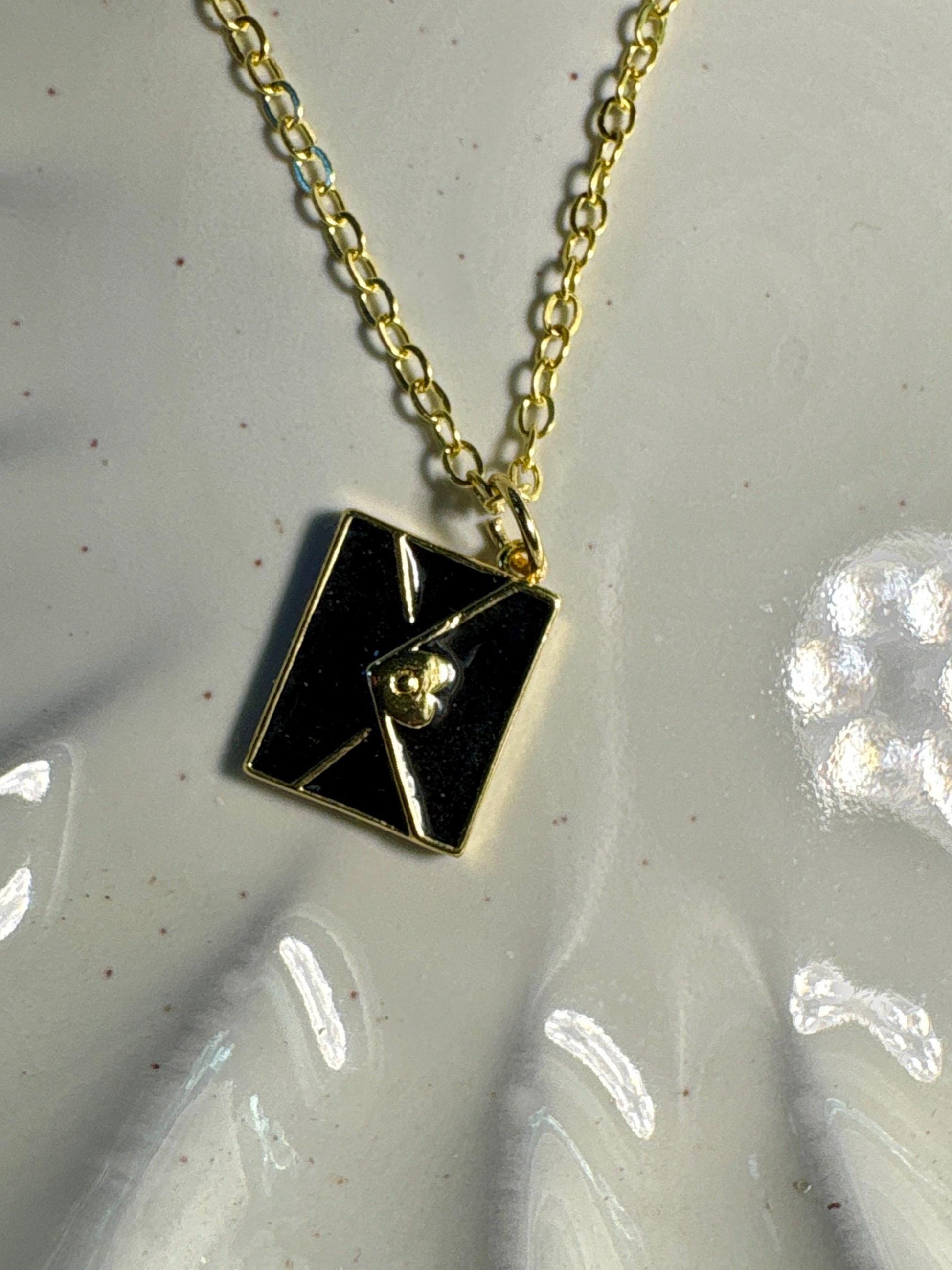 Black Envelope Pendant Necklace | Gold Heart Seal Minimalist Necklaces Consecrated Jewelry Co.