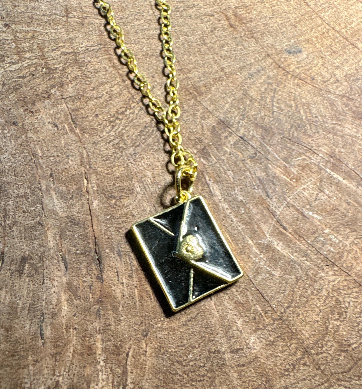 Black Envelope Pendant Necklace | Gold Heart Seal Minimalist Necklaces Consecrated Jewelry Co.