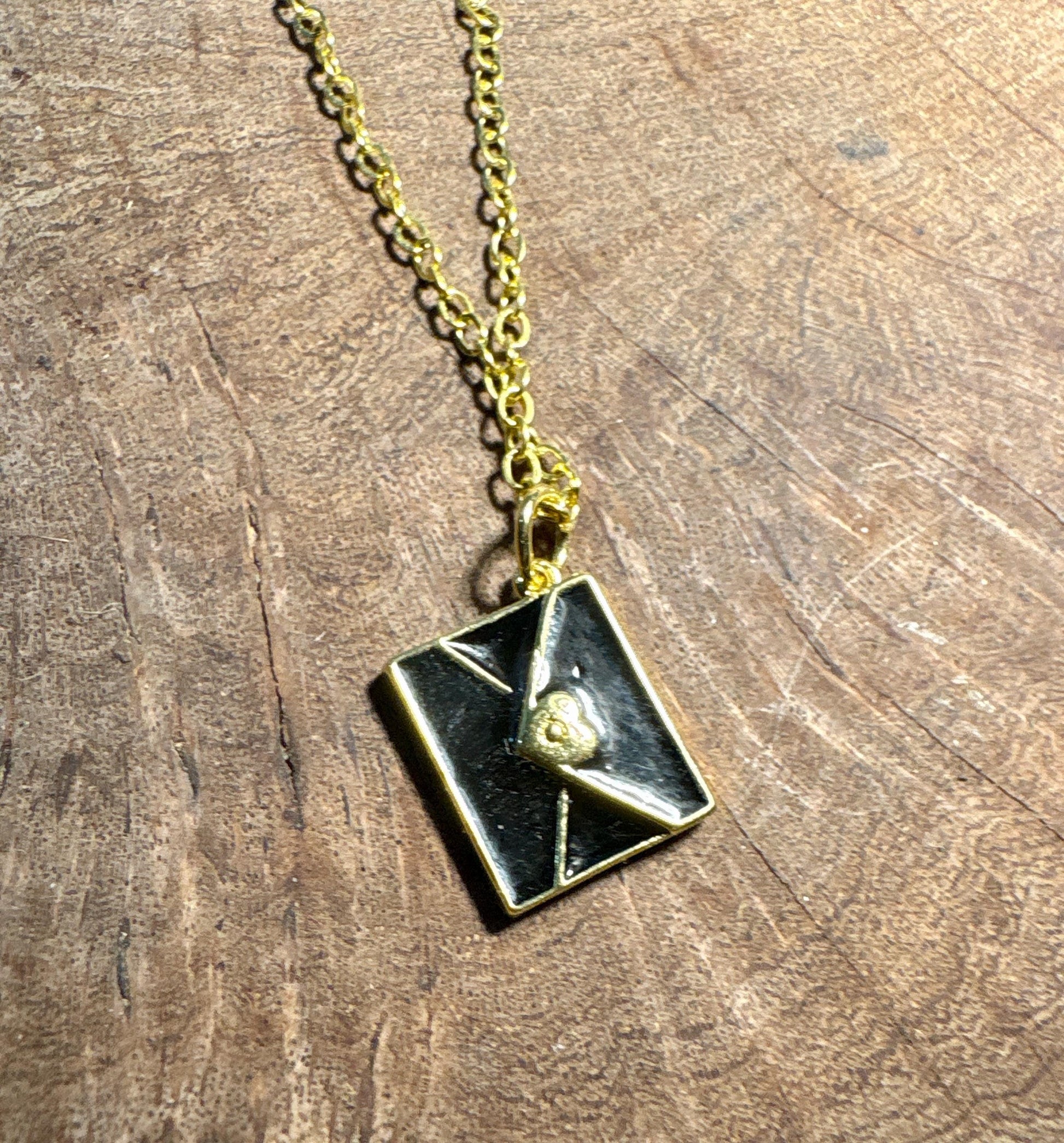 Black Envelope Pendant Necklace | Gold Heart Seal Minimalist Necklaces Consecrated Jewelry Co.