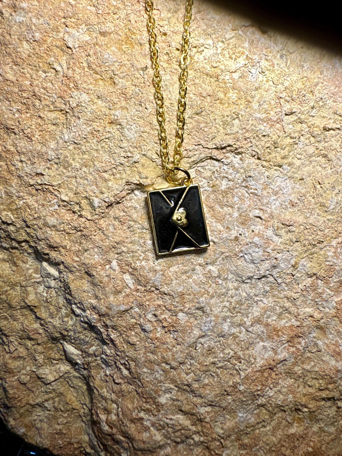 Black Envelope Pendant Necklace | Gold Heart Seal Minimalist Necklaces Consecrated Jewelry Co.