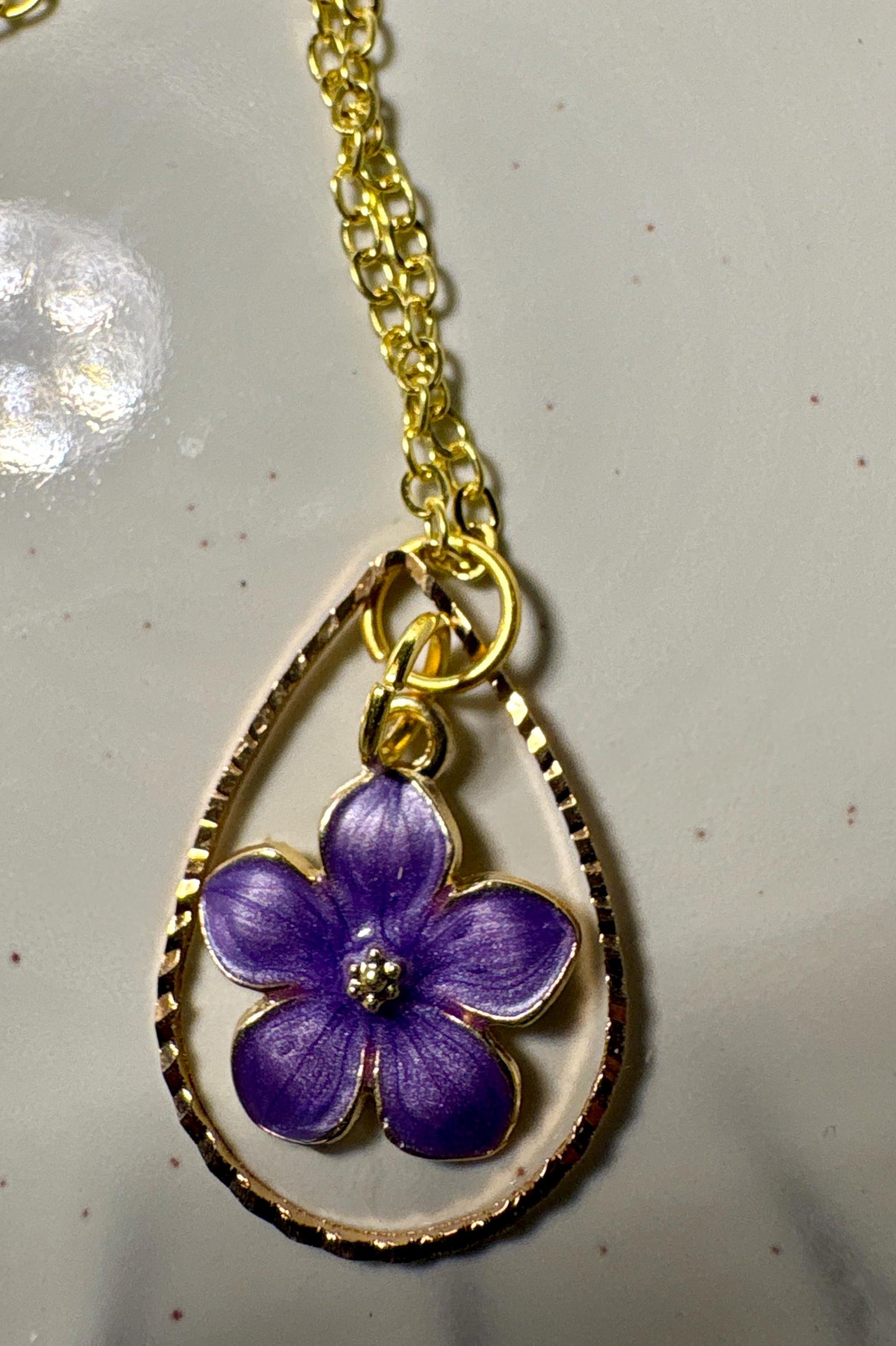 Gold Teardrop Pendant Necklace | Dainty Purple Lavender Flower Necklaces Consecrated Jewelry Co.