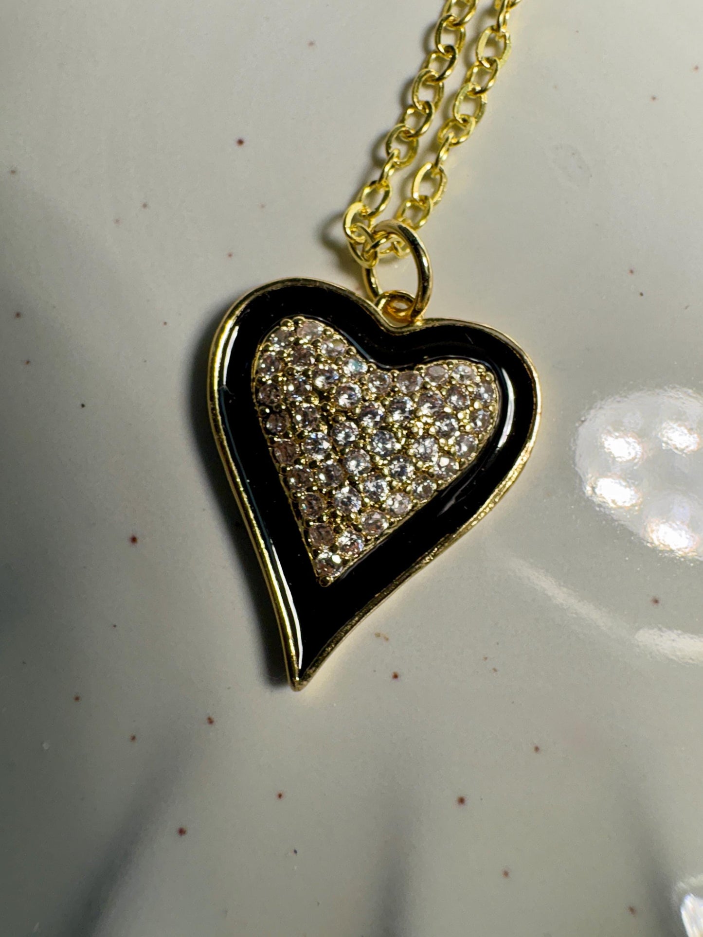 Sparkle Gold Heart Pendant Necklace | Black Enamel Accents Necklaces Consecrated Jewelry Co.