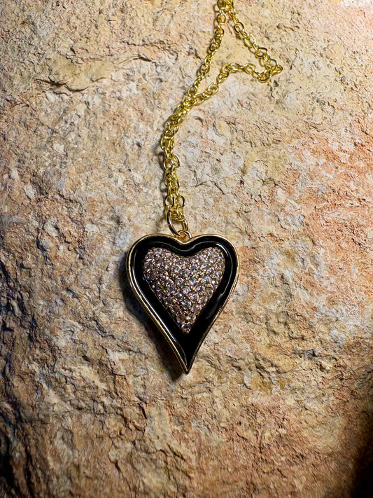 Sparkle Gold Heart Pendant Necklace | Black Enamel Accents Necklaces Consecrated Jewelry Co.
