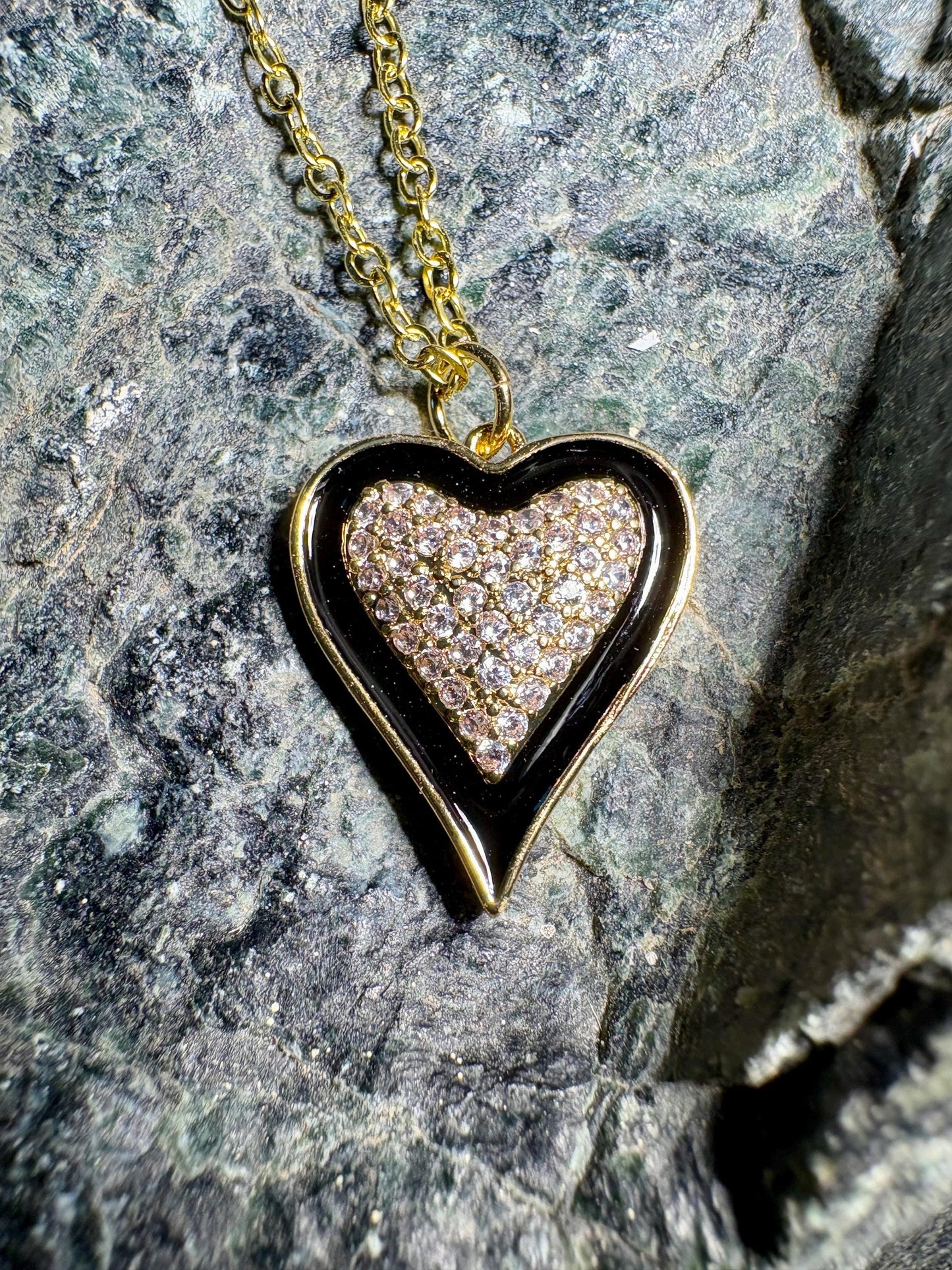 Sparkle Gold Heart Pendant Necklace | Black Enamel Accents Necklaces Consecrated Jewelry Co.