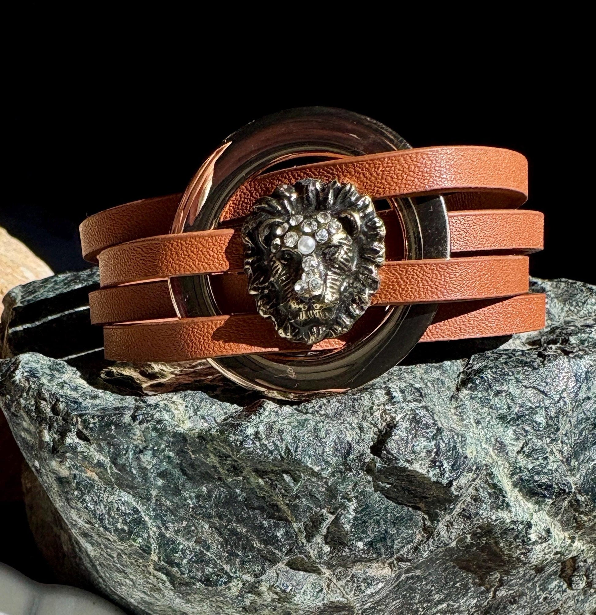 Lion Bracelet | Brown Faux Leather & Gold Tone Wrap Bracelets Consecrated Jewelry Co.