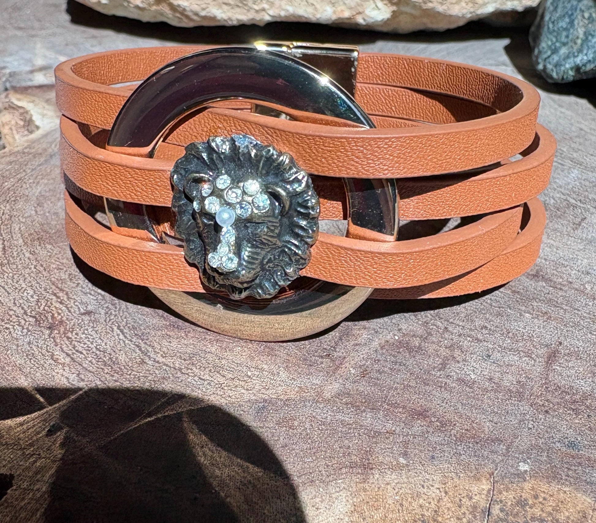 Lion Bracelet | Brown Faux Leather & Gold Tone Wrap Bracelets Consecrated Jewelry Co.