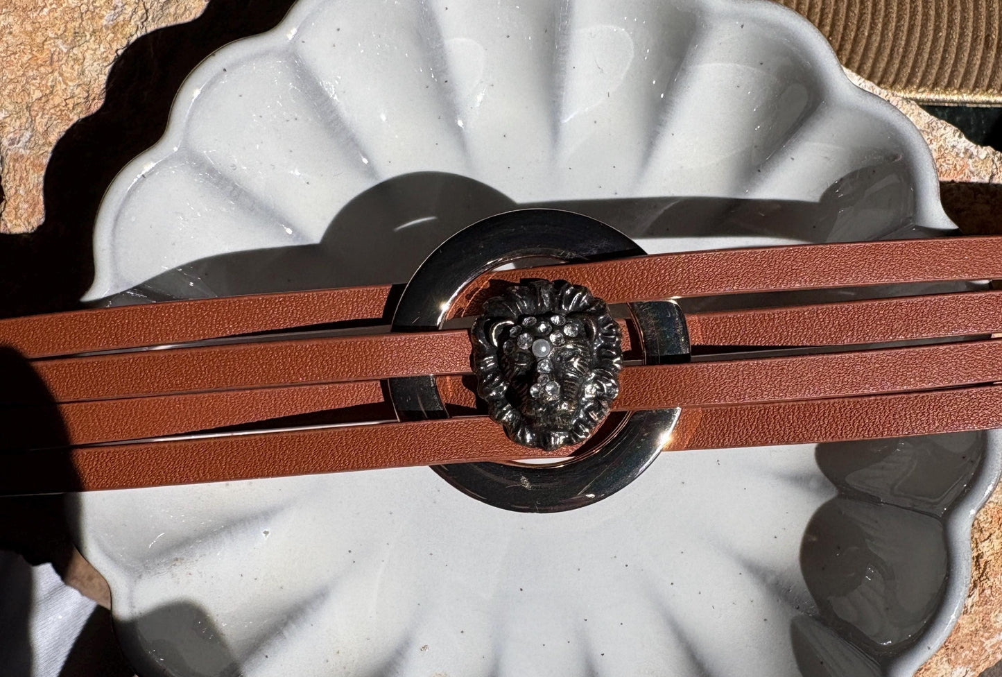 Lion Bracelet | Brown Faux Leather & Gold Tone Wrap Bracelets Consecrated Jewelry Co.