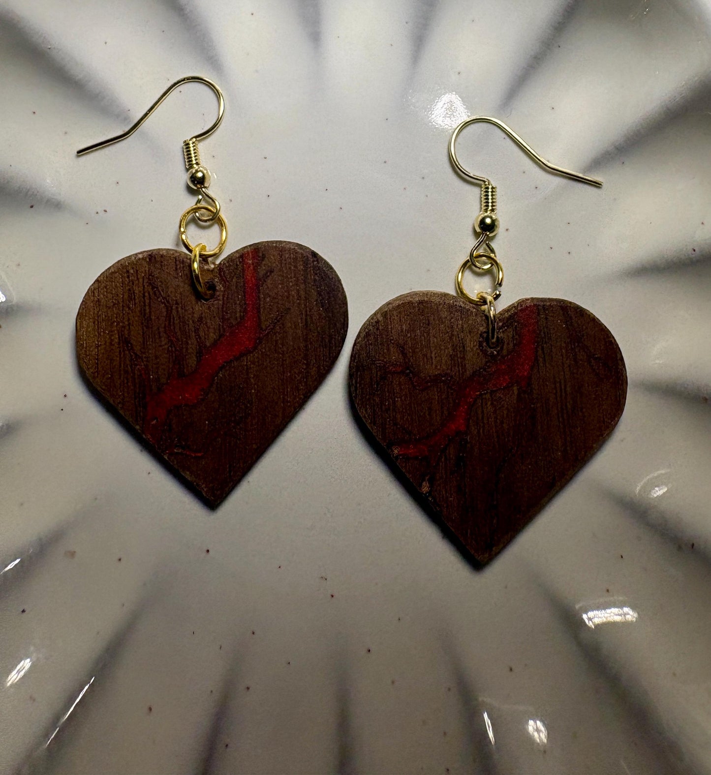 Handmade Black Walnut Heart Earrings | Red Resin Inlay Gold Fishhook Earrings Consecrated Jewelry Co.